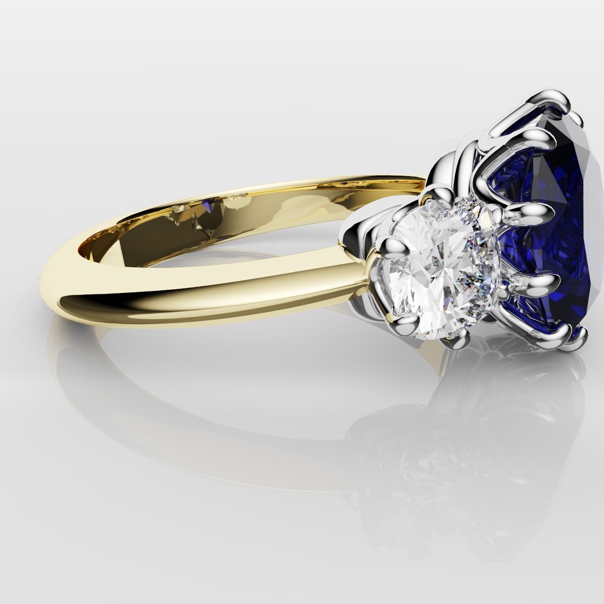 2.4ct Ceylon Blue Sapphire and Cushion Cut Diamond Trilogy Engagement Ring