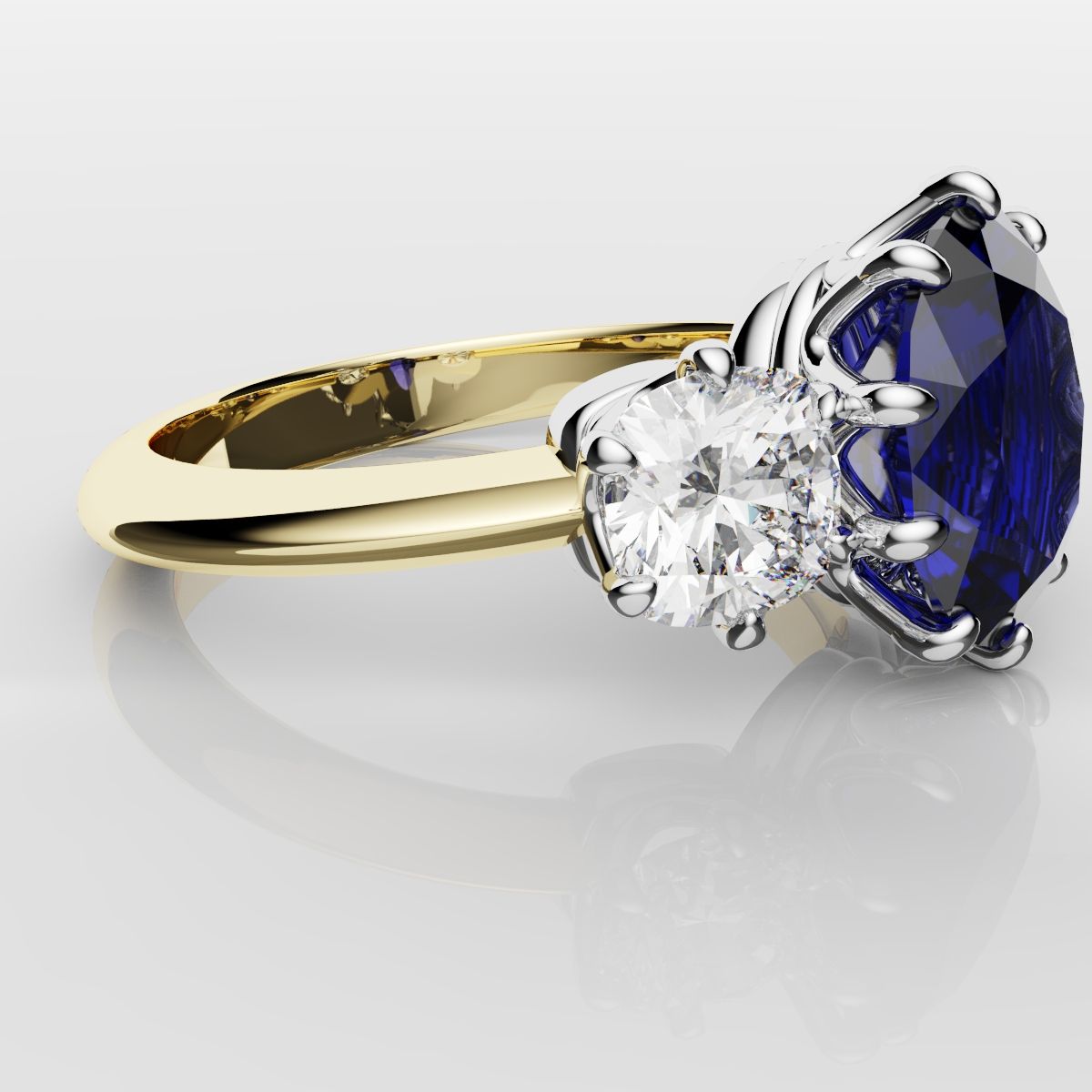 2.4ct Ceylon Blue Sapphire and Cushion Cut Diamond Trilogy Engagement Ring