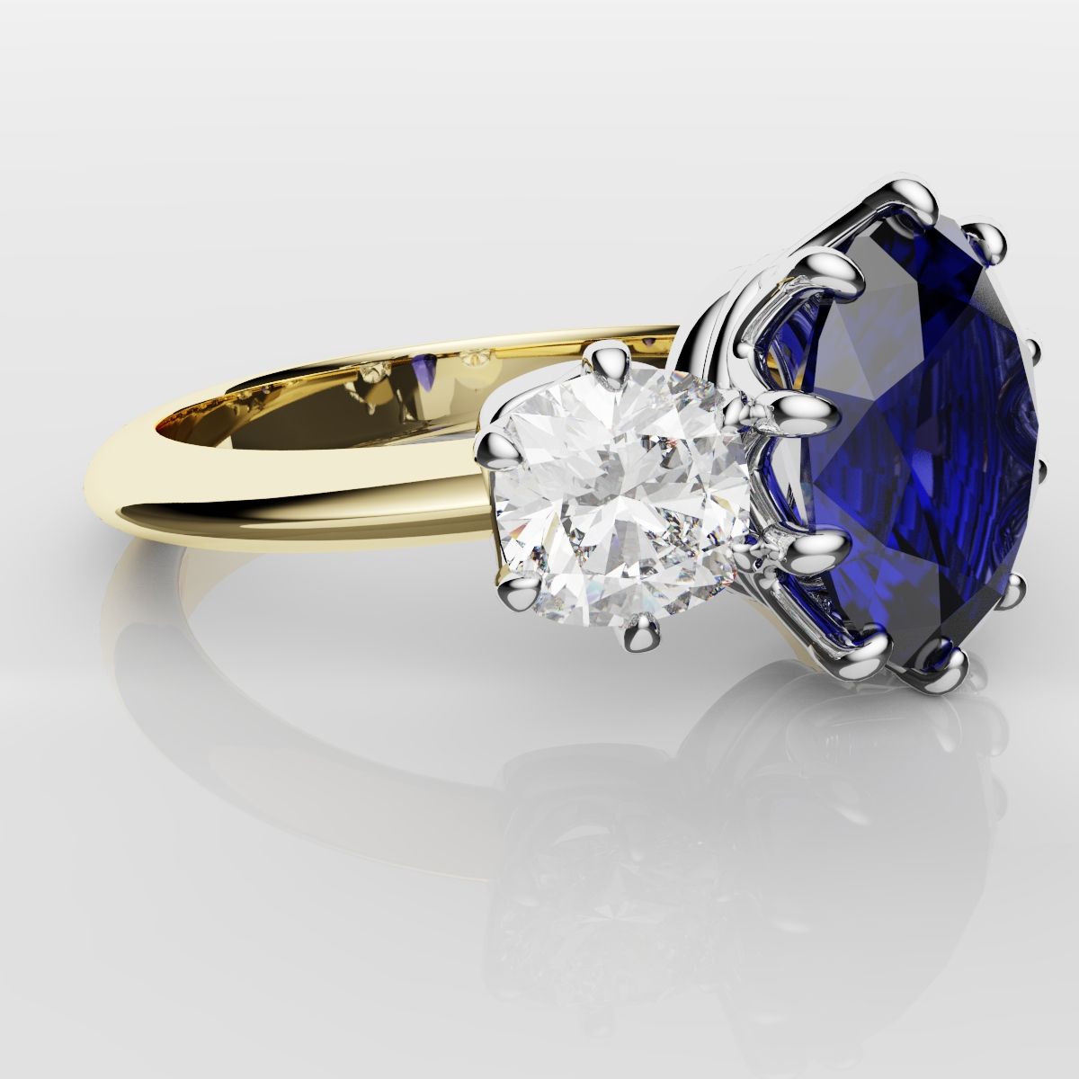 2.4ct Ceylon Blue Sapphire and Cushion Cut Diamond Trilogy Engagement Ring