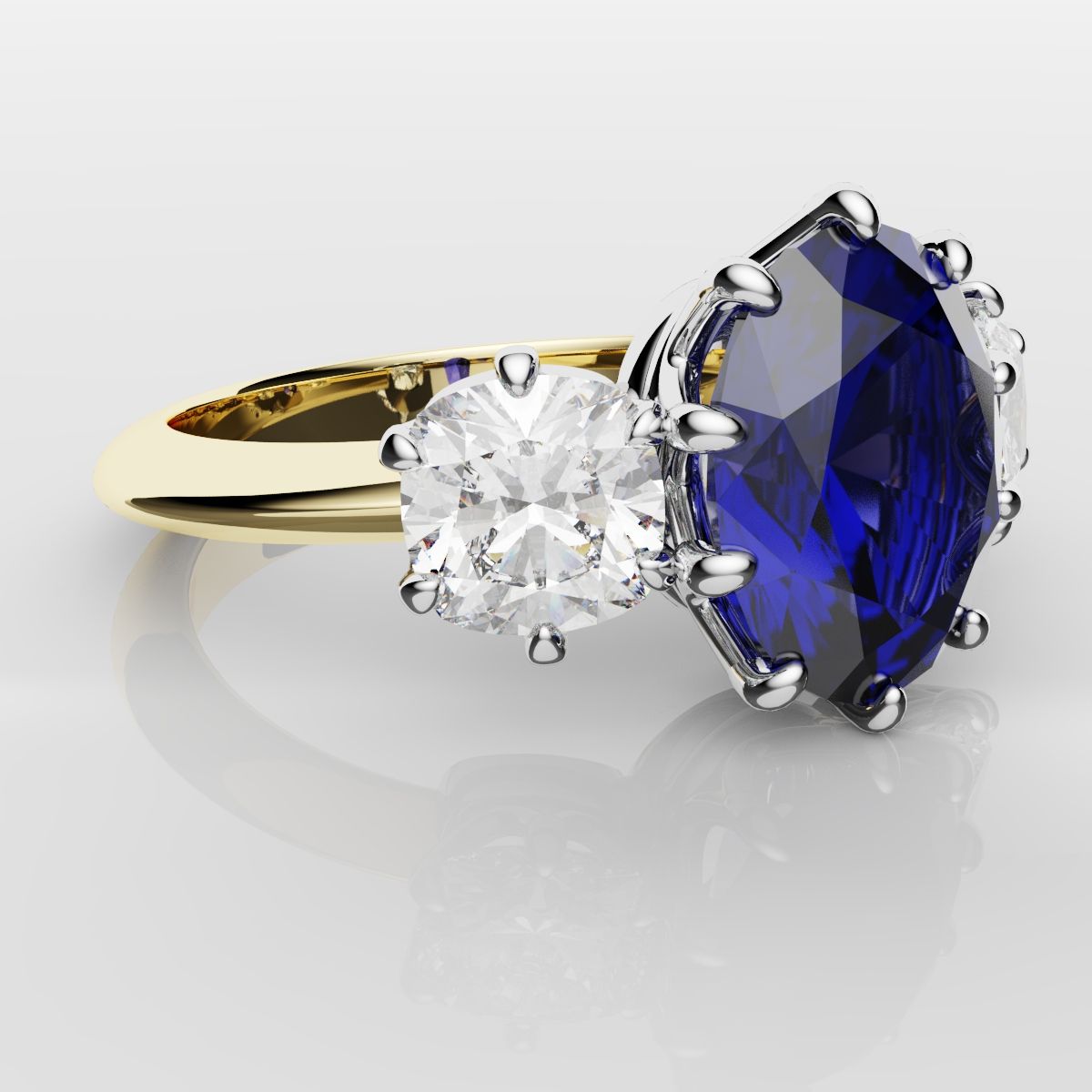 2.4ct Ceylon Blue Sapphire and Cushion Cut Diamond Trilogy Engagement Ring