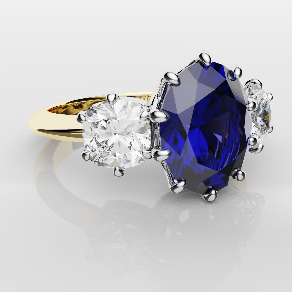 2.4ct Ceylon Blue Sapphire and Cushion Cut Diamond Trilogy Engagement Ring