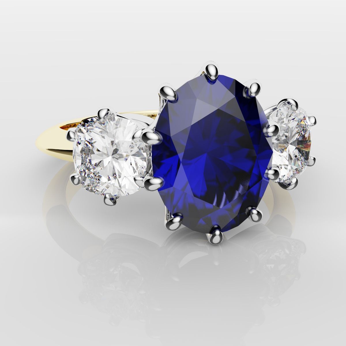 2.4ct Ceylon Blue Sapphire and Cushion Cut Diamond Trilogy Engagement Ring