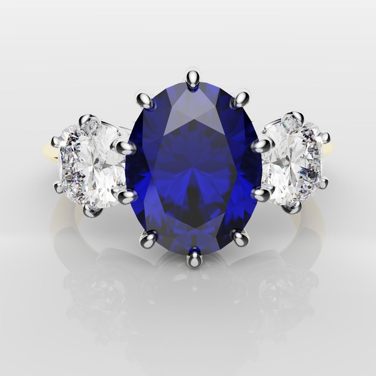 2.4ct Ceylon Blue Sapphire and Cushion Cut Diamond Trilogy Engagement Ring