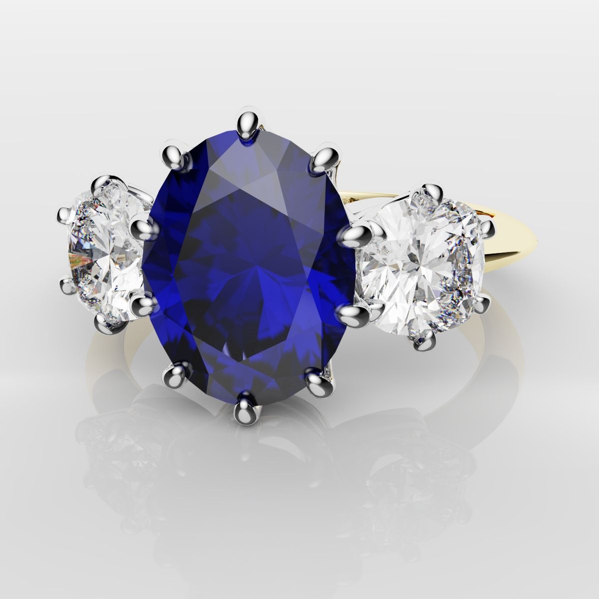 2.4ct Ceylon Blue Sapphire and Cushion Cut Diamond Trilogy Engagement Ring