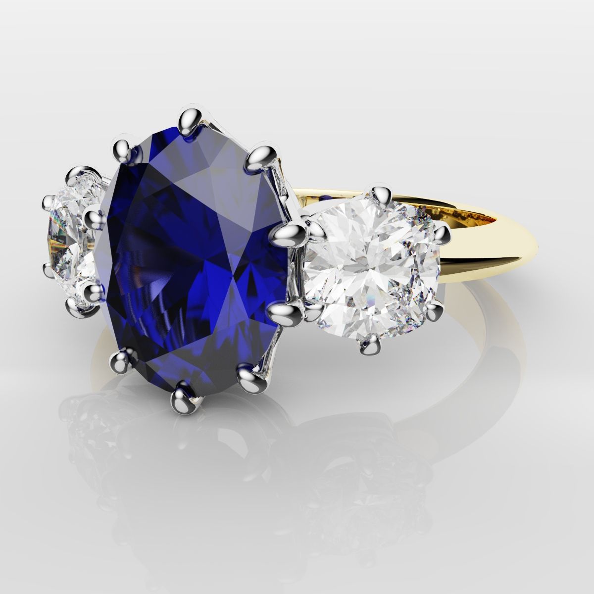 2.4ct Ceylon Blue Sapphire and Cushion Cut Diamond Trilogy Engagement Ring