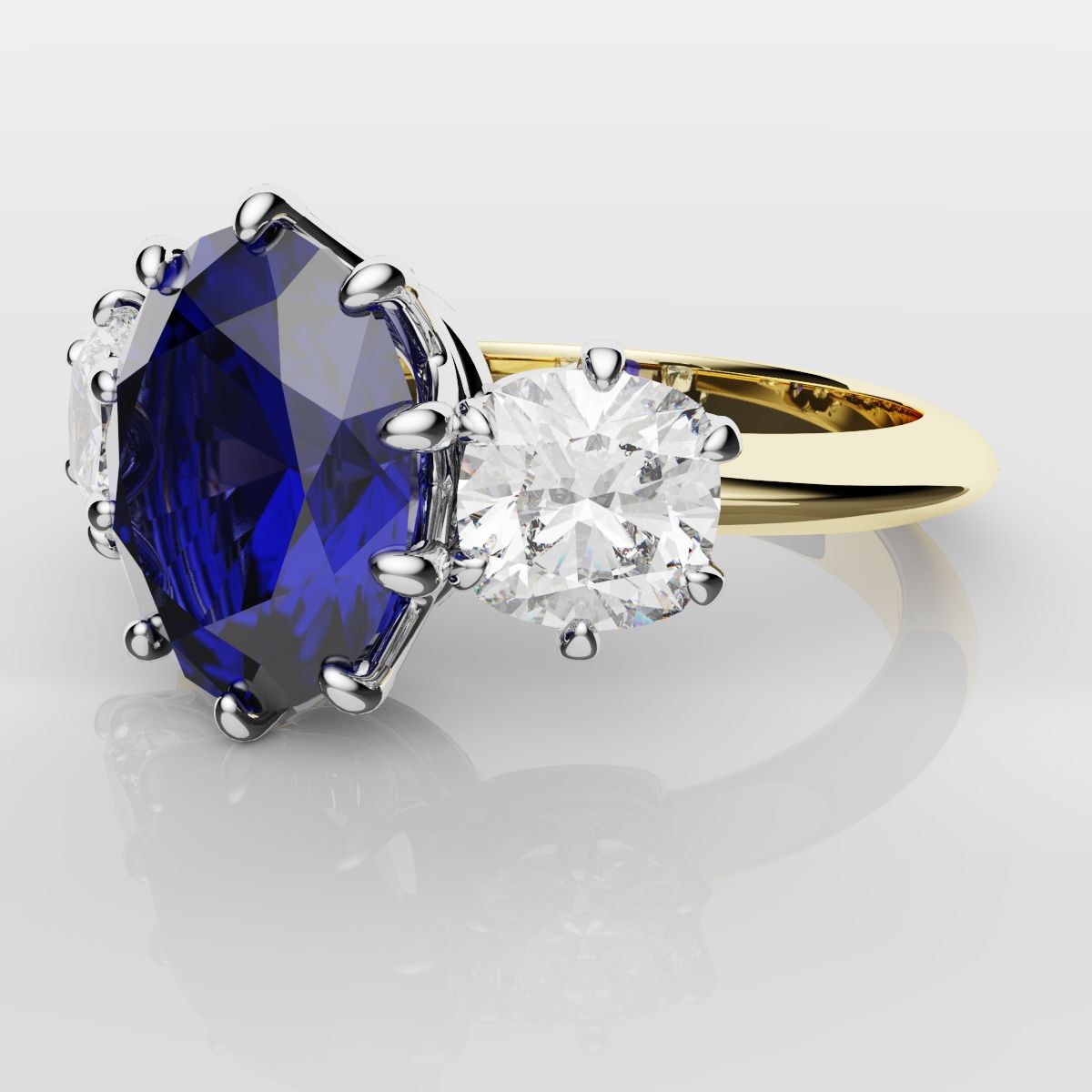 2.4ct Ceylon Blue Sapphire and Cushion Cut Diamond Trilogy Engagement Ring