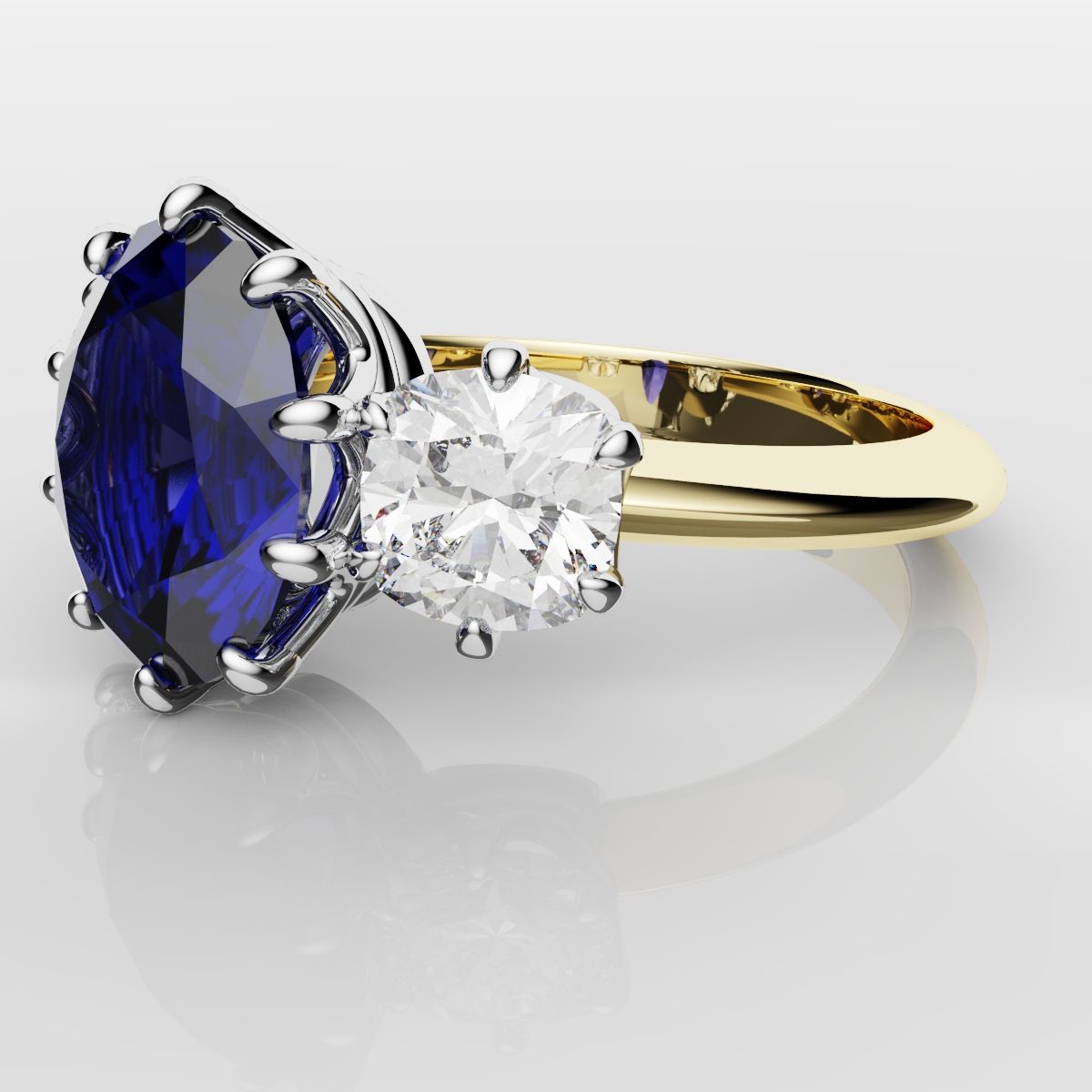 2.4ct Ceylon Blue Sapphire and Cushion Cut Diamond Trilogy Engagement Ring