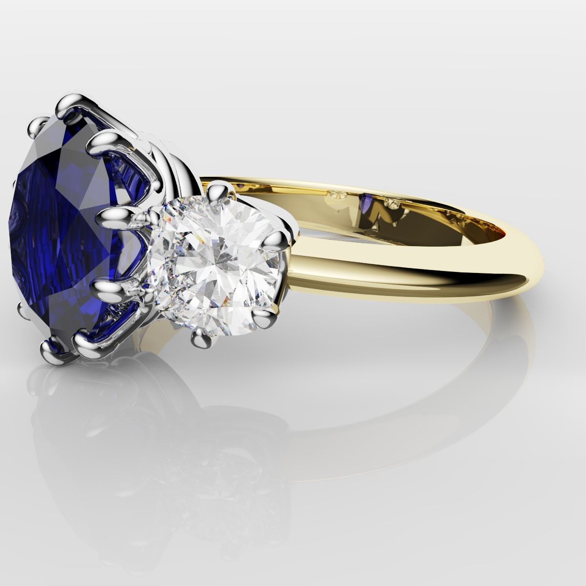 2.4ct Ceylon Blue Sapphire and Cushion Cut Diamond Trilogy Engagement Ring