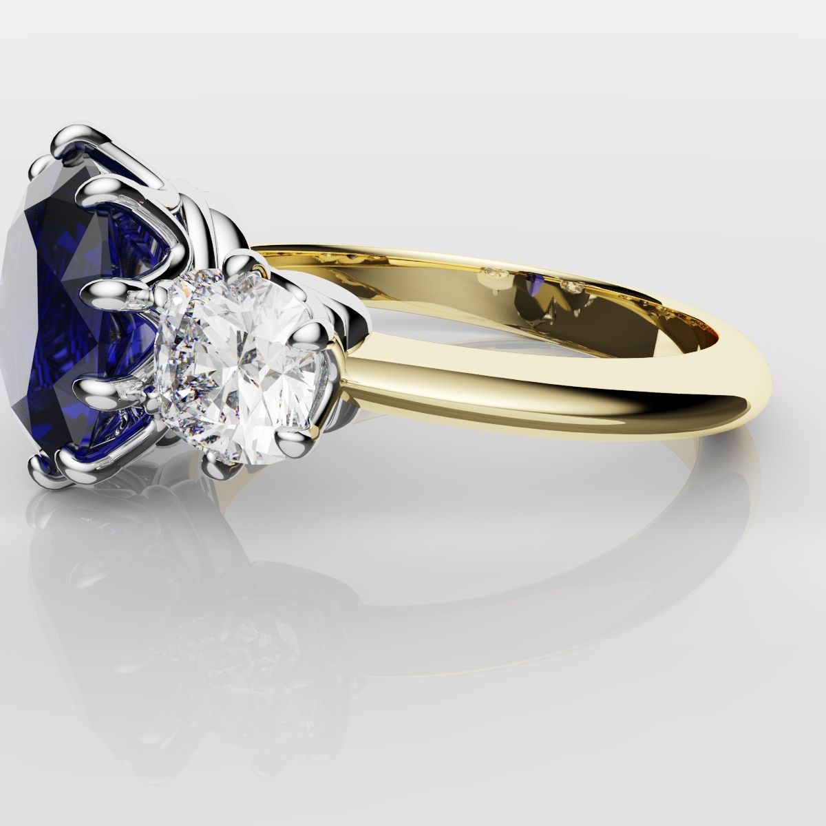 2.4ct Ceylon Blue Sapphire and Cushion Cut Diamond Trilogy Engagement Ring