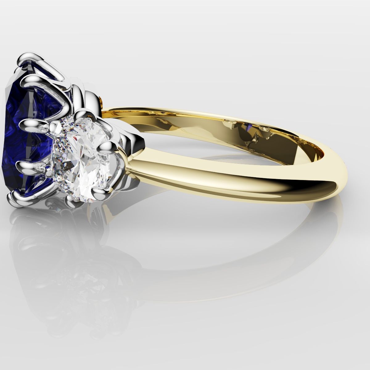 2.4ct Ceylon Blue Sapphire and Cushion Cut Diamond Trilogy Engagement Ring