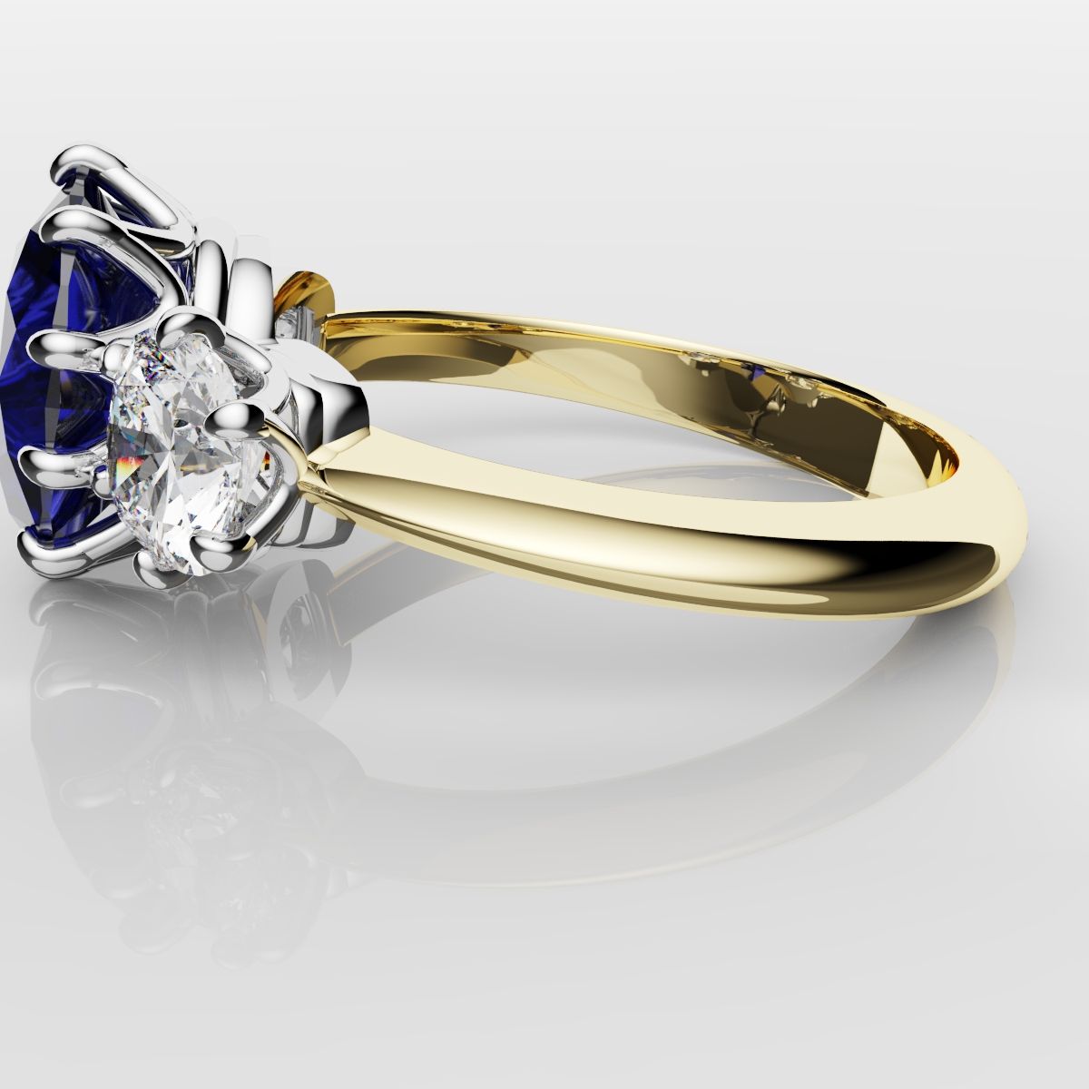 2.4ct Ceylon Blue Sapphire and Cushion Cut Diamond Trilogy Engagement Ring