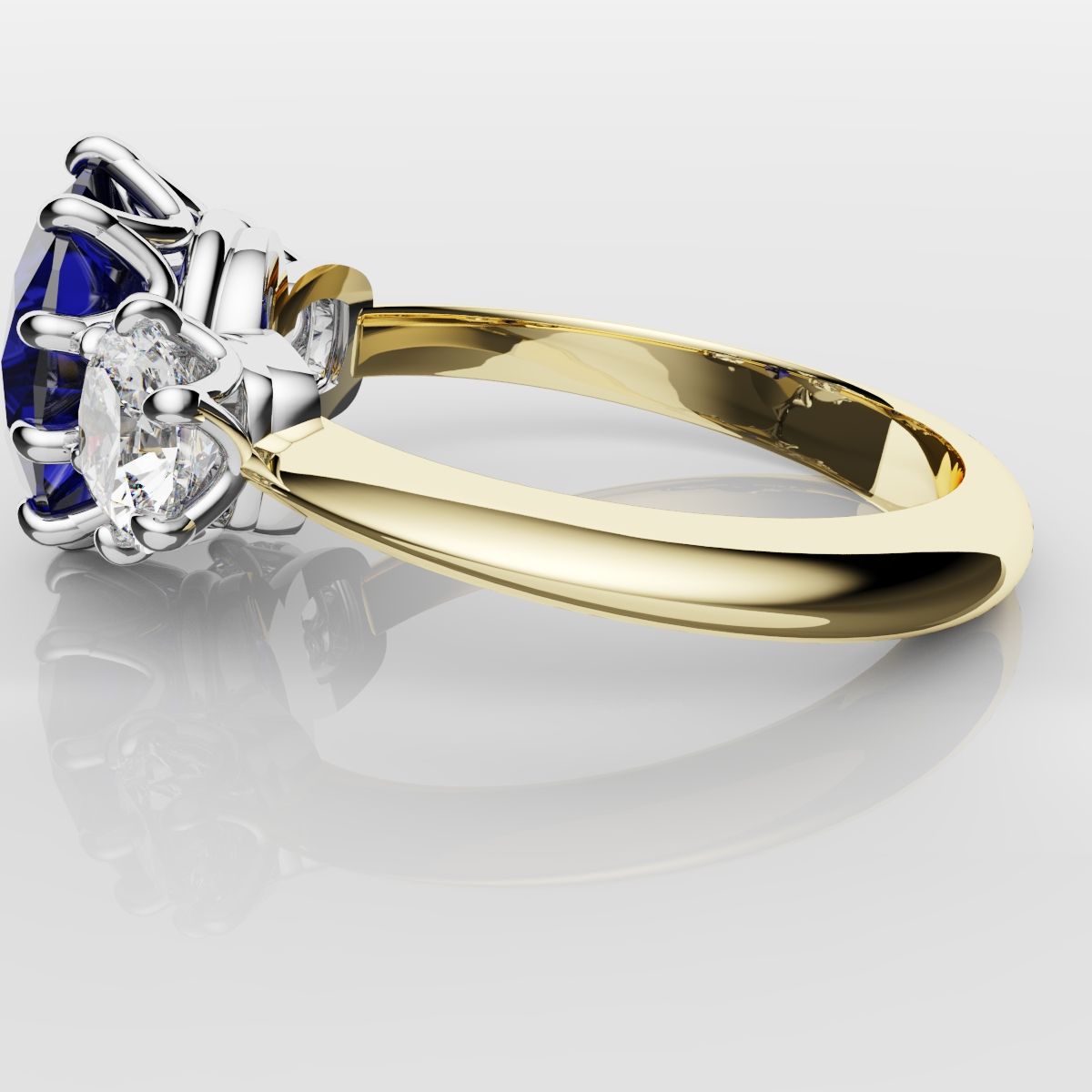 2.4ct Ceylon Blue Sapphire and Cushion Cut Diamond Trilogy Engagement Ring