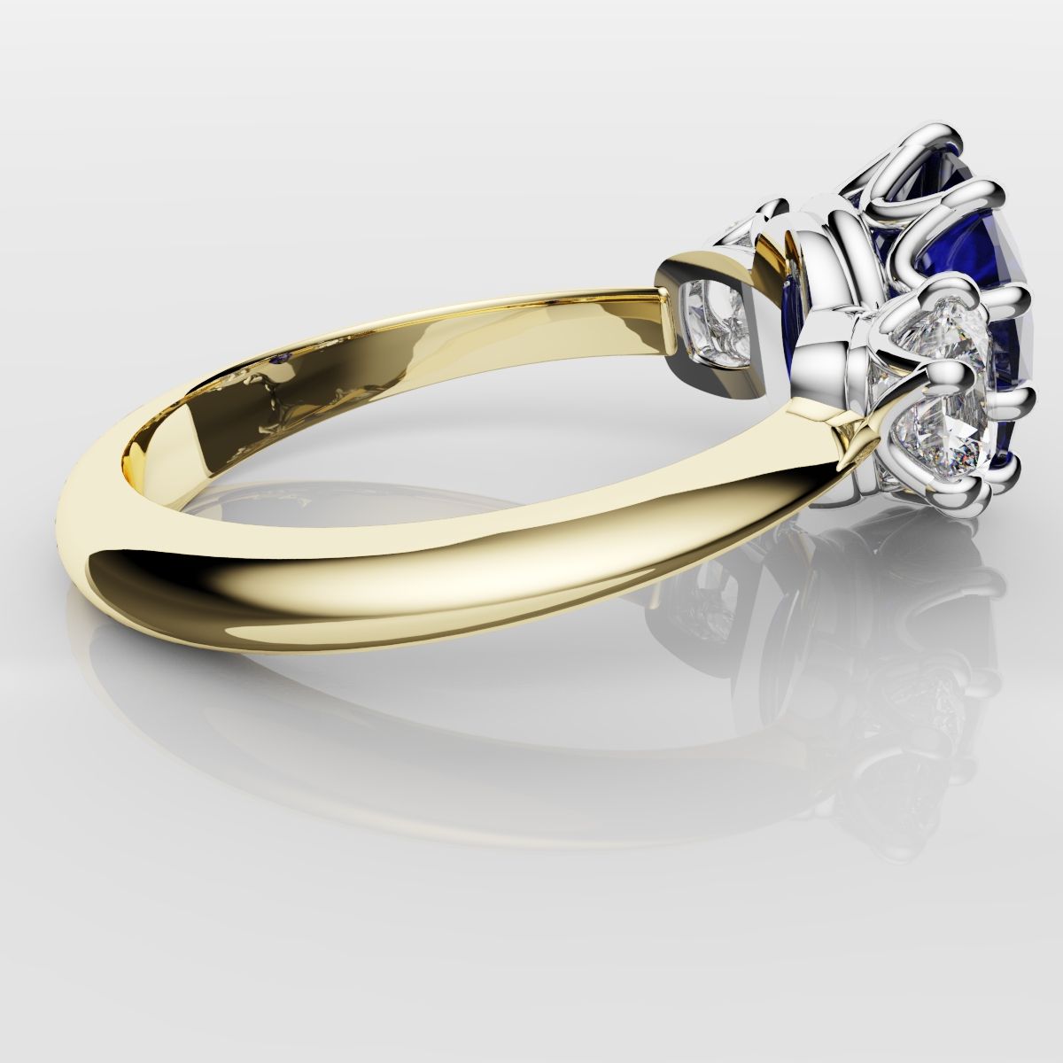 2.4ct Ceylon Blue Sapphire and Cushion Cut Diamond Trilogy Engagement Ring