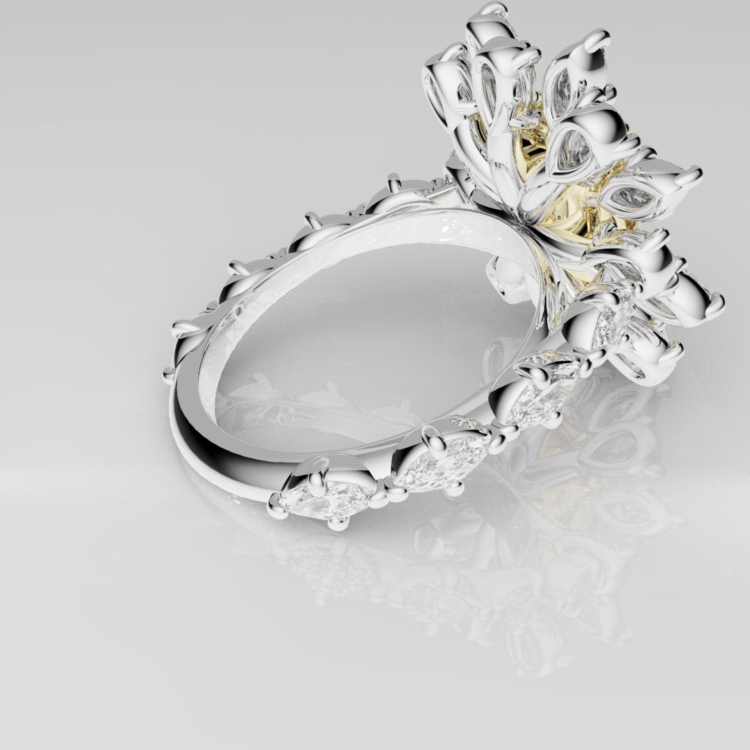 Fancy yellow radiant diamond ring with multi-layered marquise and pear diamond halo, set in platinum — vibrant bespoke design.