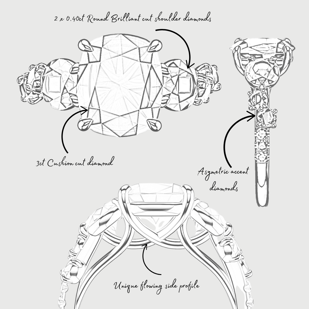 Unique 3ct Cushion Cut DIamond Engagement Ring