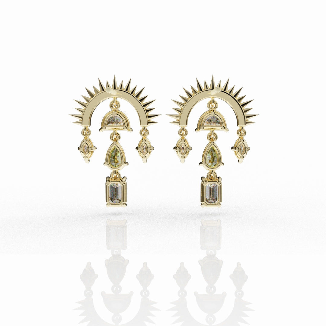Bespoke high jewellery earrings showcasing natural fancy yellow diamonds in a dramatic sunburst design.