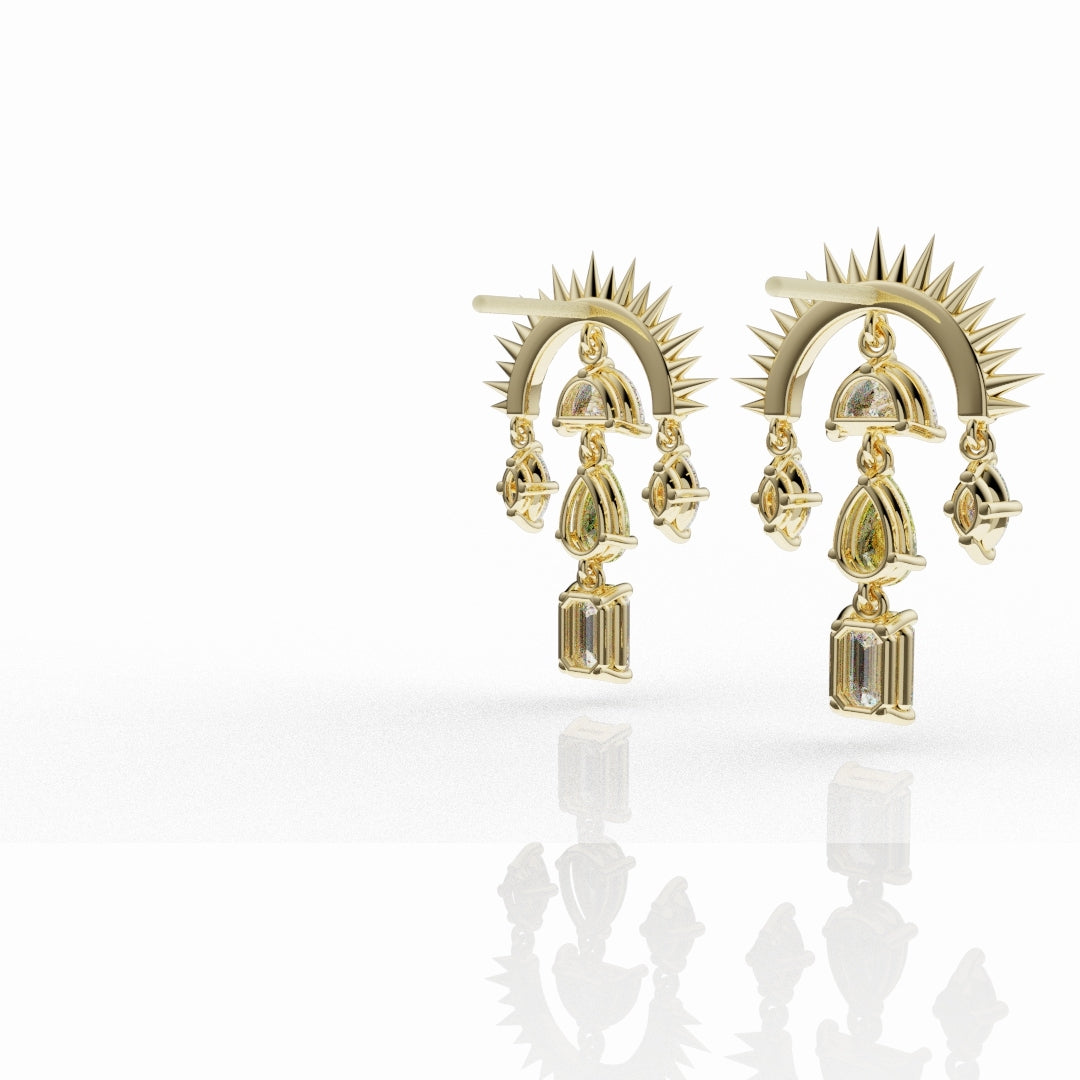 Designer yellow diamond sunburst earrings with pear, marquise and emerald cut diamonds.