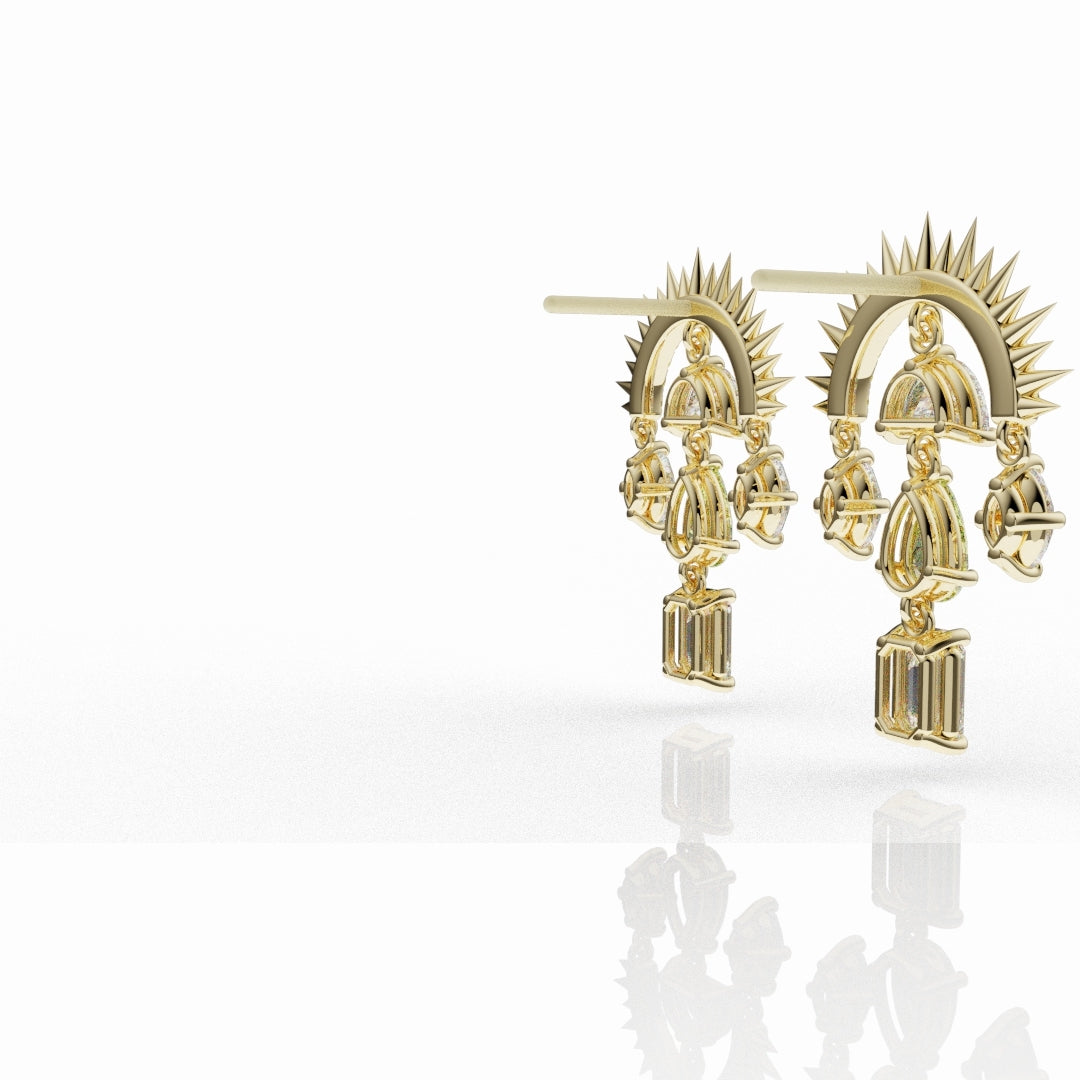 Yellow diamonds sunburst drop earrings combining white and yellow diamonds in an 18ct gold design.