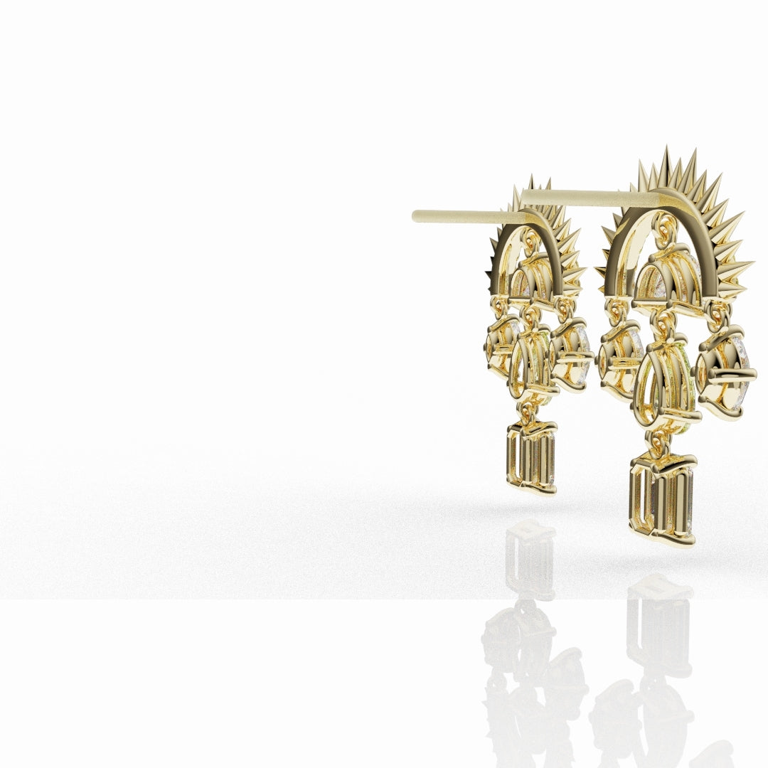 High-end yellow diamond statement earrings with radiant sunburst detailing and mixed diamond cuts.
