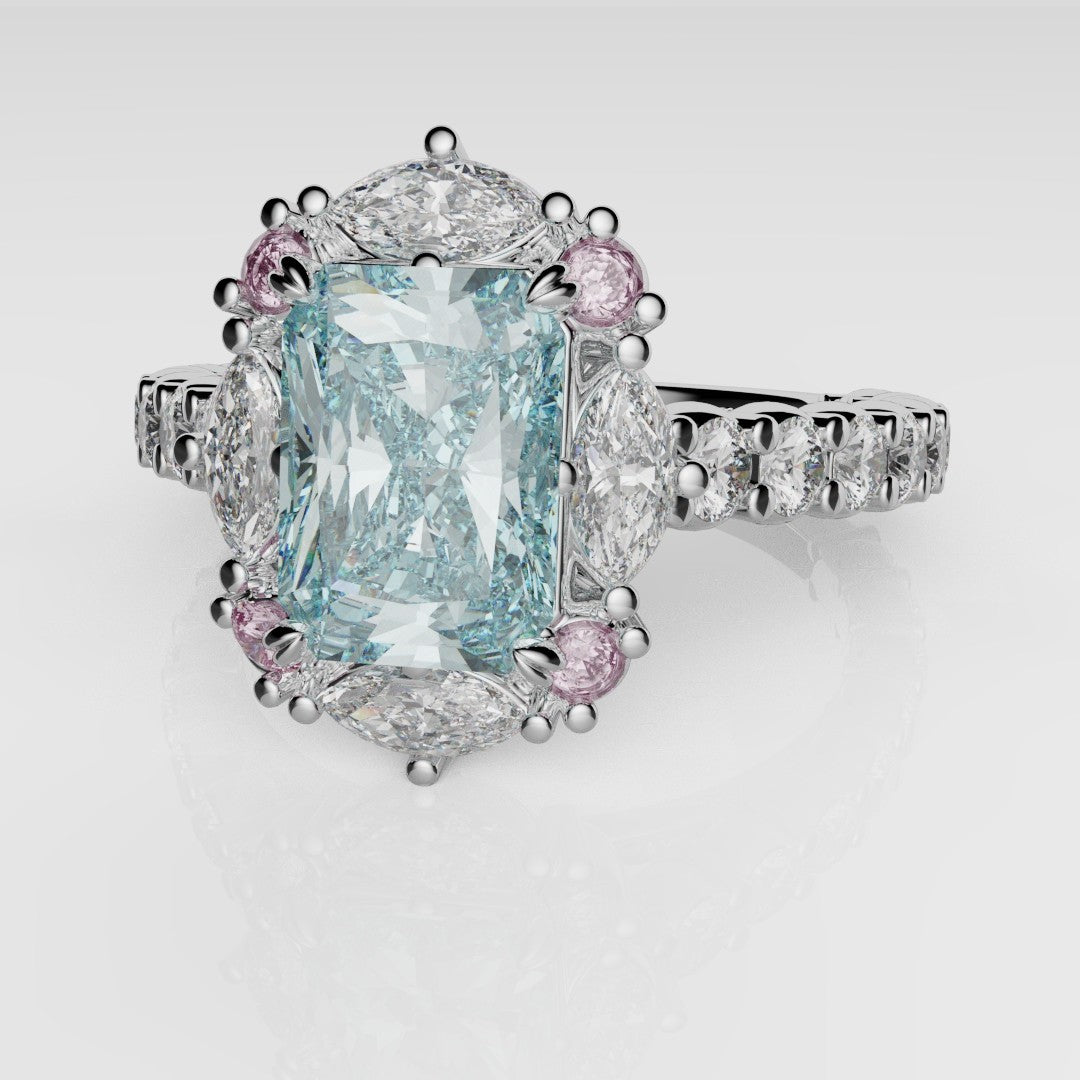 Unique Marquise Halo With Blue Radiant Cut Diamond