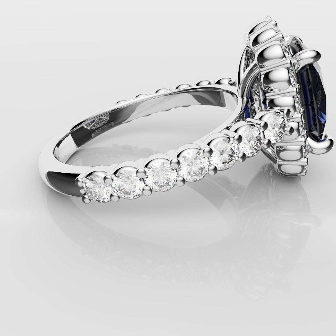 Cushion Cut Blue Sapphire Diamond Cluster Engagement Ring