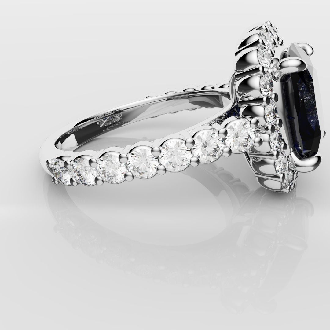 Cushion Cut Blue Sapphire Diamond Cluster Engagement Ring