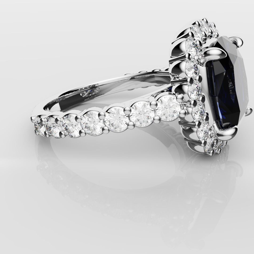 Cushion Cut Blue Sapphire Diamond Cluster Engagement Ring