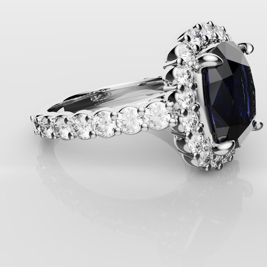 Cushion Cut Blue Sapphire Diamond Cluster Engagement Ring