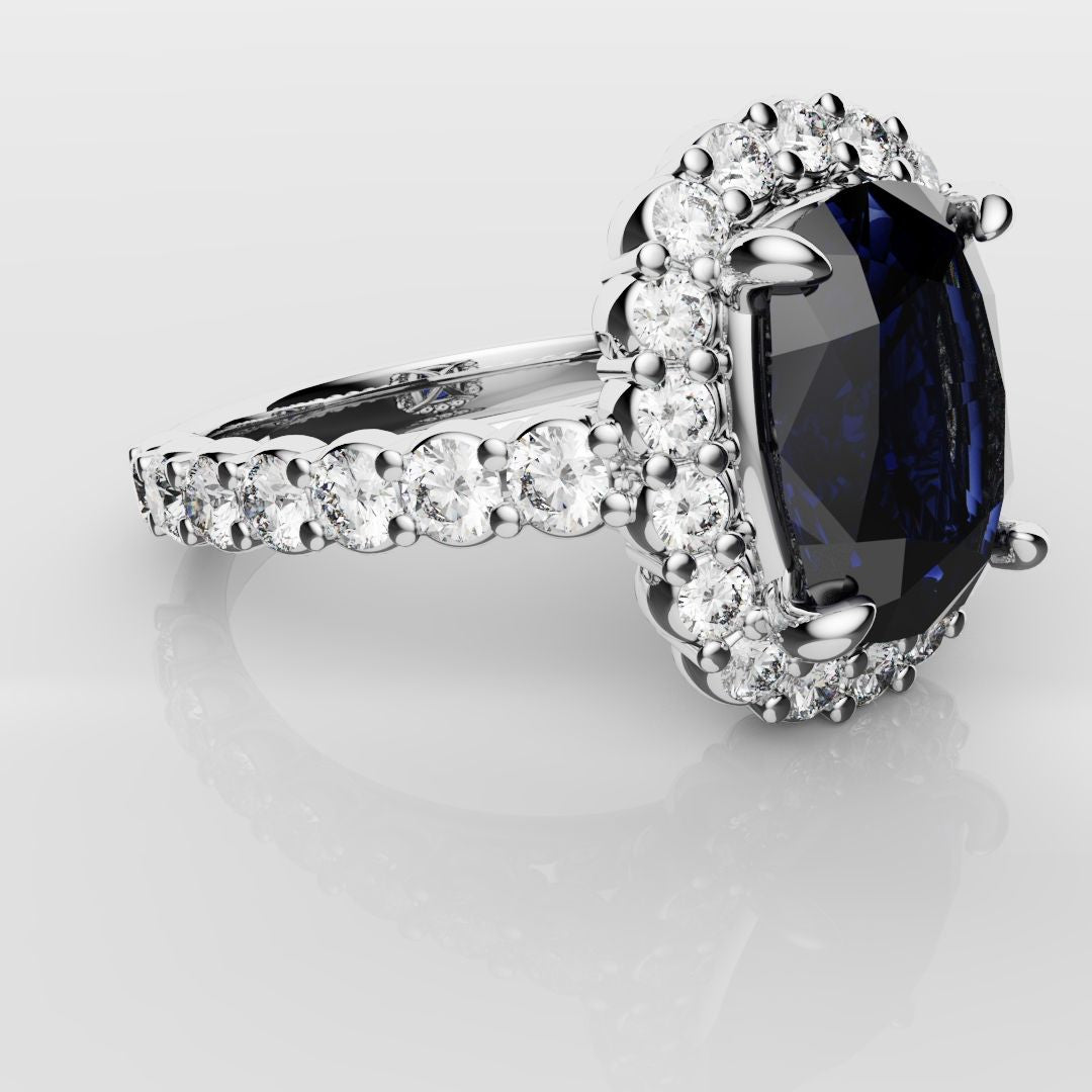 Cushion Cut Blue Sapphire Diamond Cluster Engagement Ring