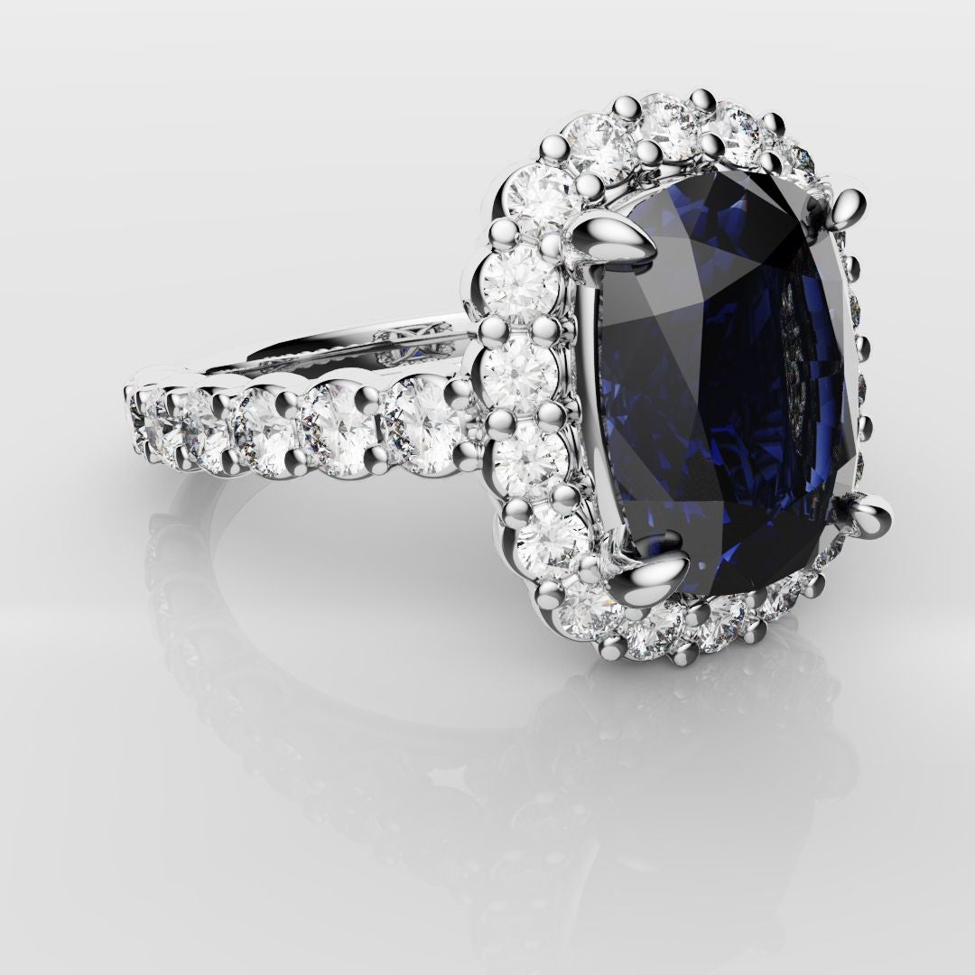Cushion Cut Blue Sapphire Diamond Cluster Engagement Ring