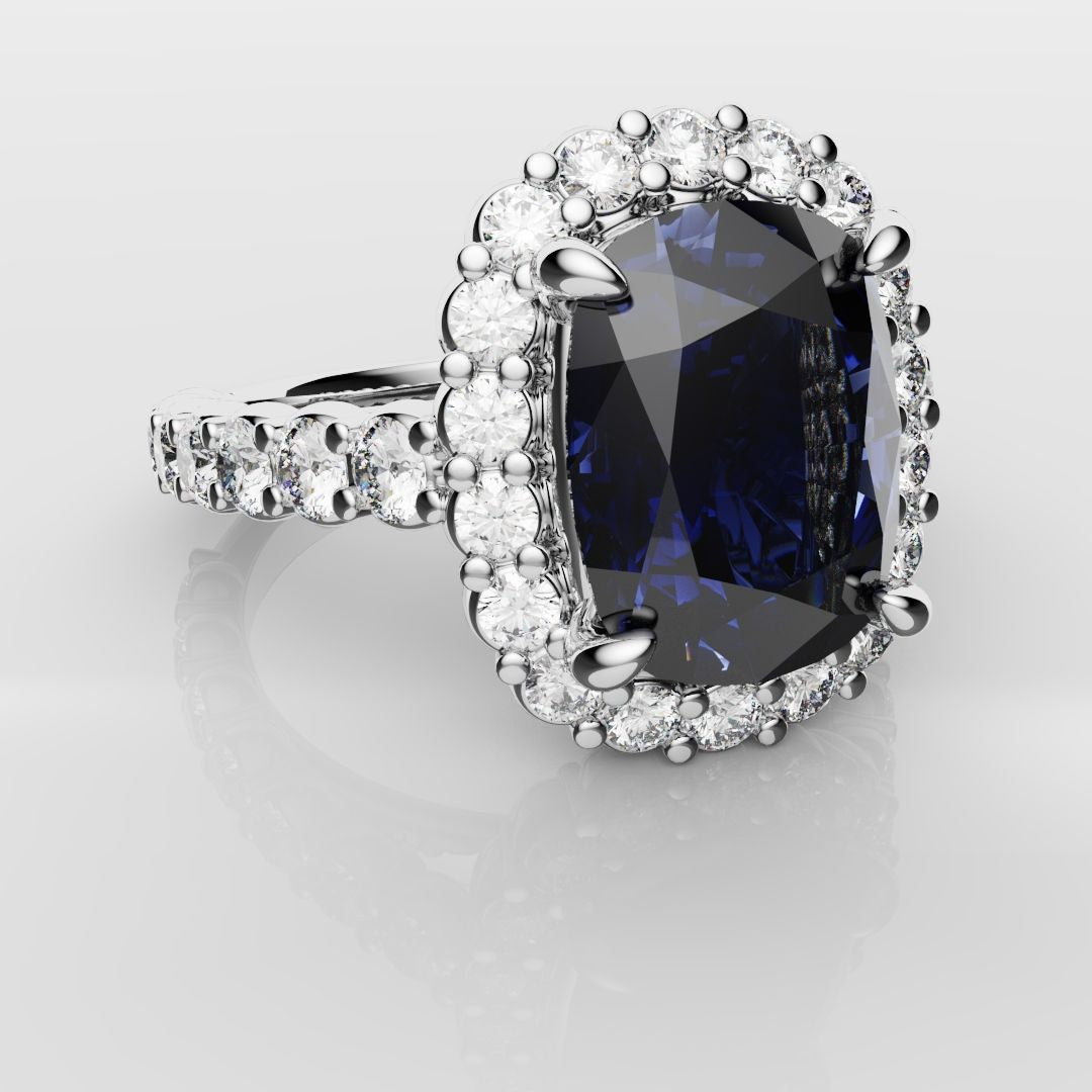 Cushion Cut Blue Sapphire Diamond Cluster Engagement Ring