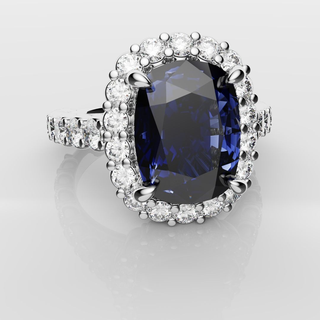 Cushion Cut Blue Sapphire Diamond Cluster Engagement Ring