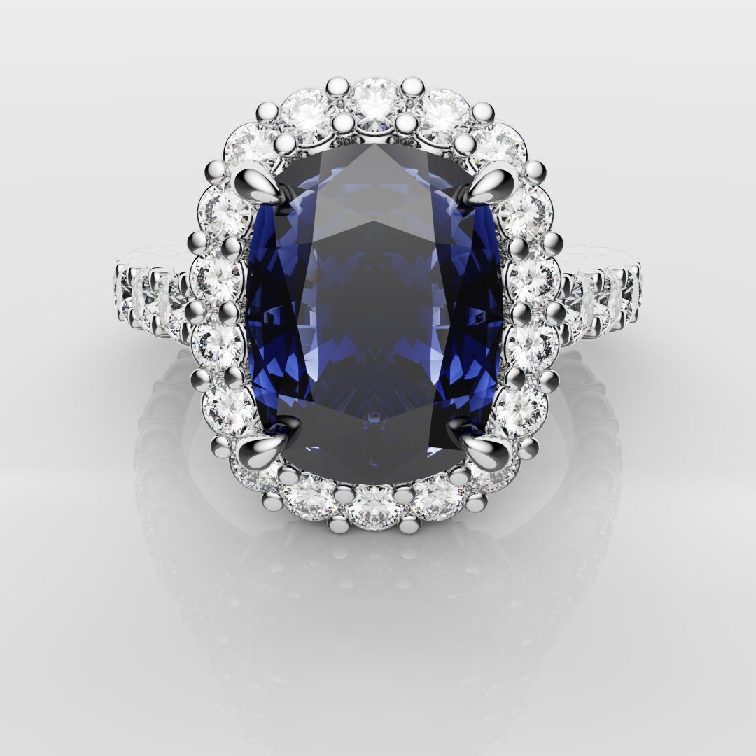 Cushion Cut Blue Sapphire Diamond Cluster Engagement Ring