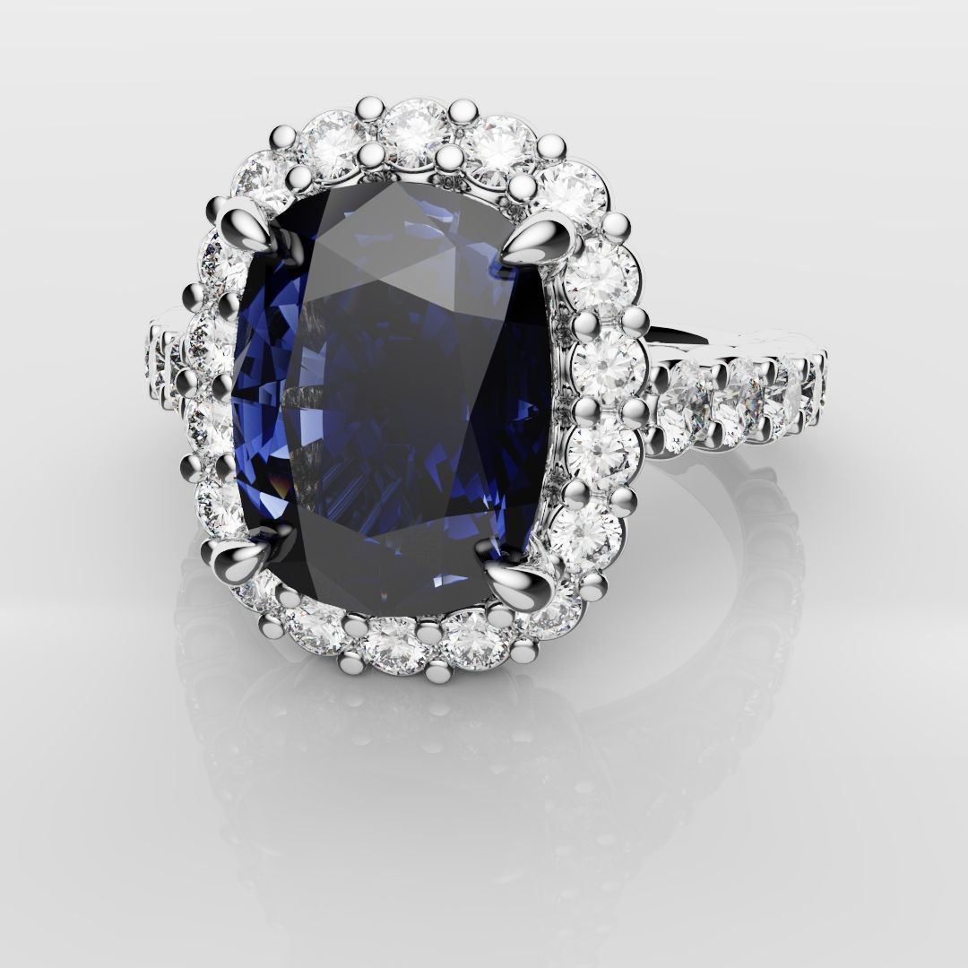 Cushion Cut Blue Sapphire Diamond Cluster Engagement Ring