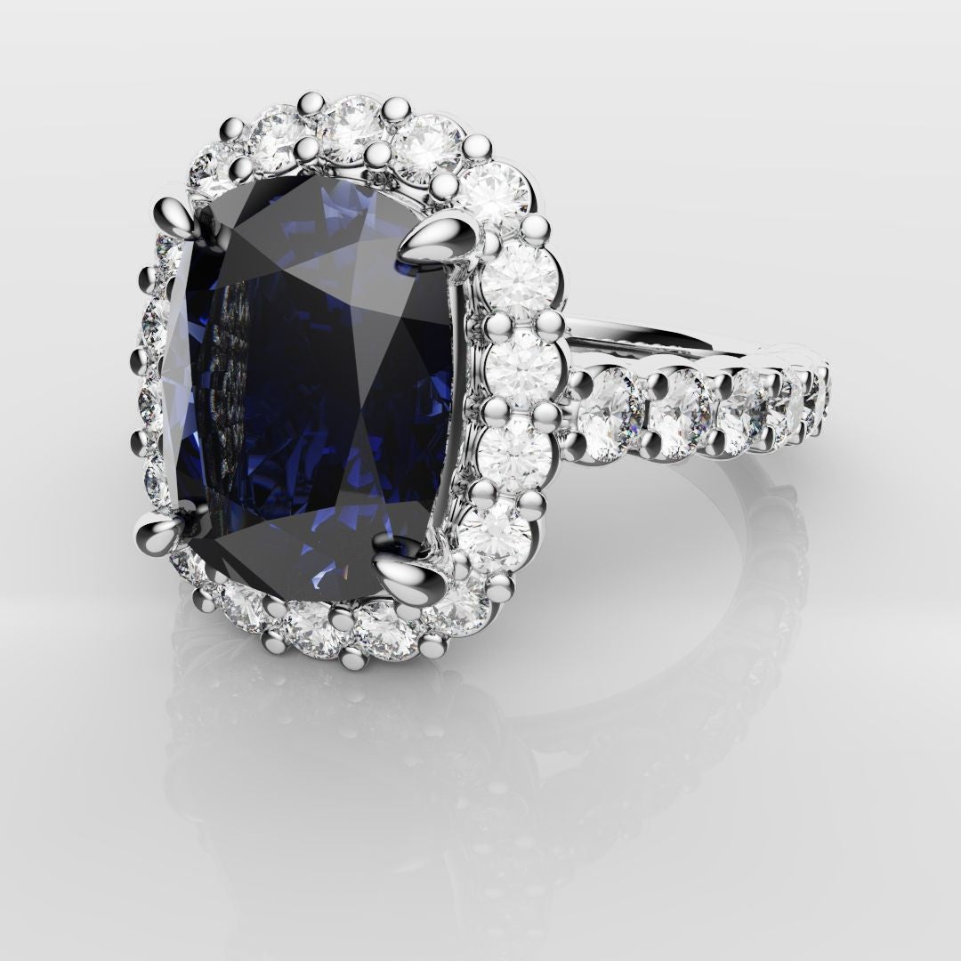 Cushion Cut Blue Sapphire Diamond Cluster Engagement Ring