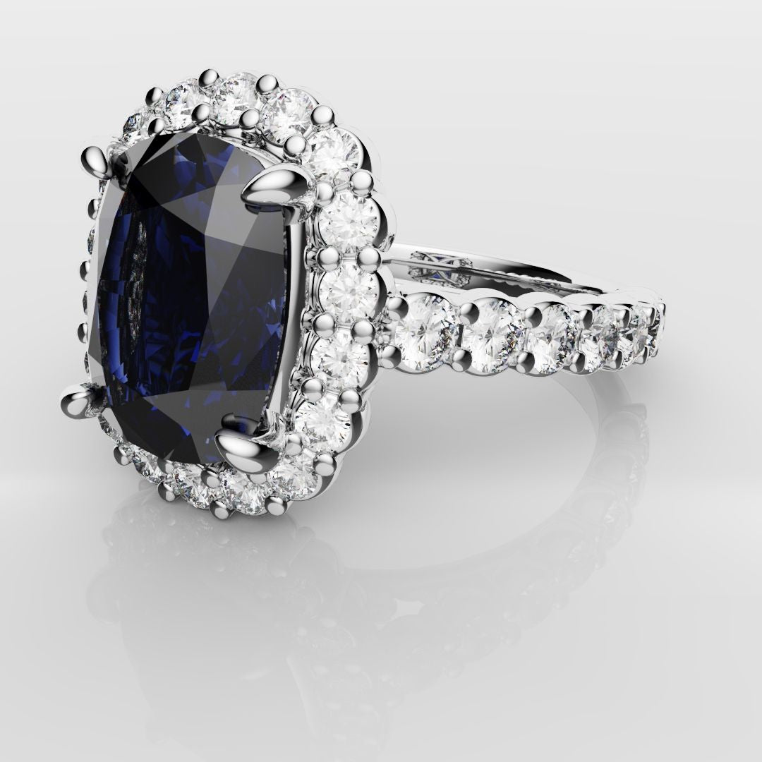 Cushion Cut Blue Sapphire Diamond Cluster Engagement Ring