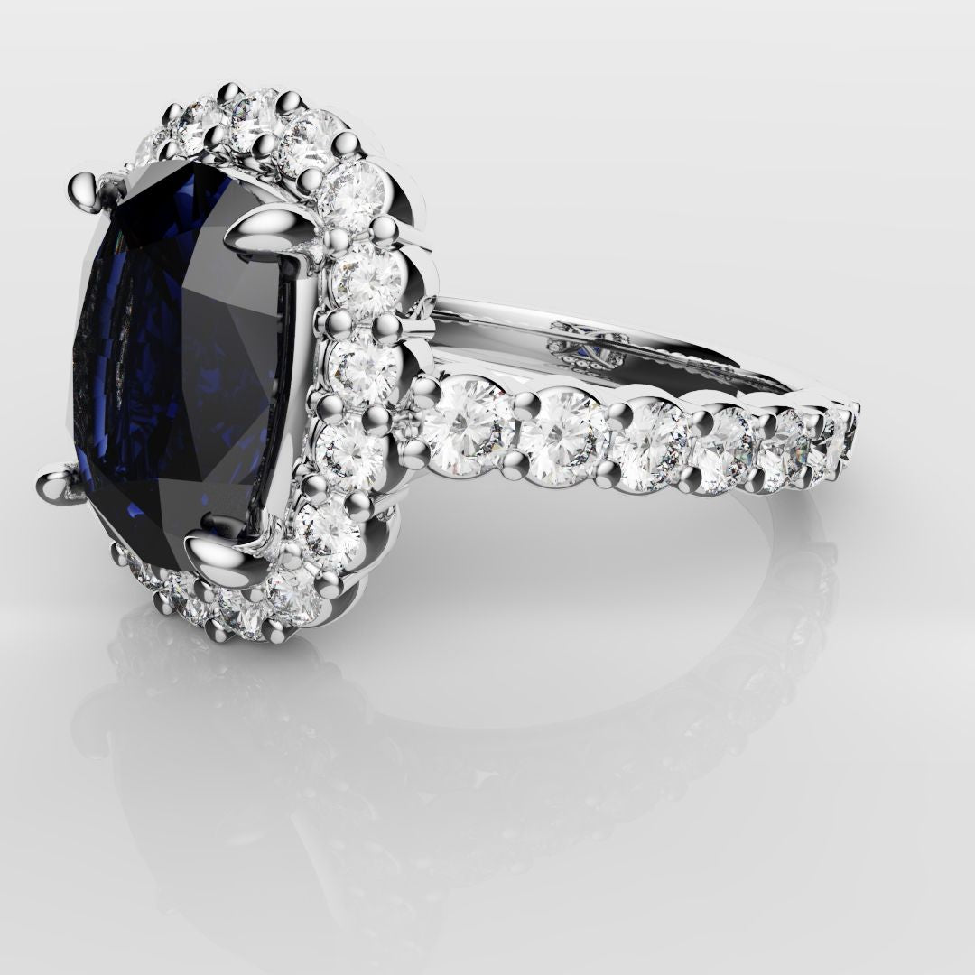 Cushion Cut Blue Sapphire Diamond Cluster Engagement Ring