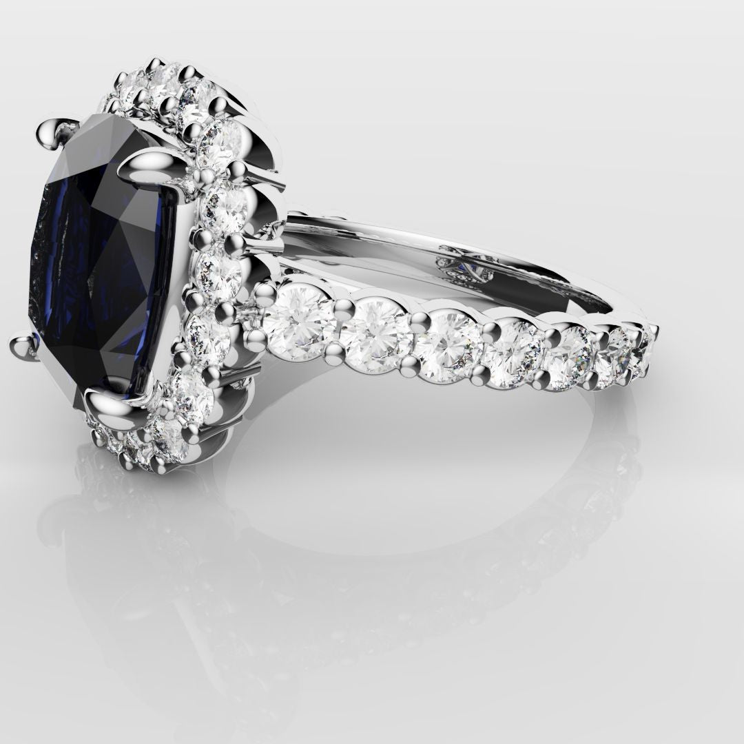Cushion Cut Blue Sapphire Diamond Cluster Engagement Ring