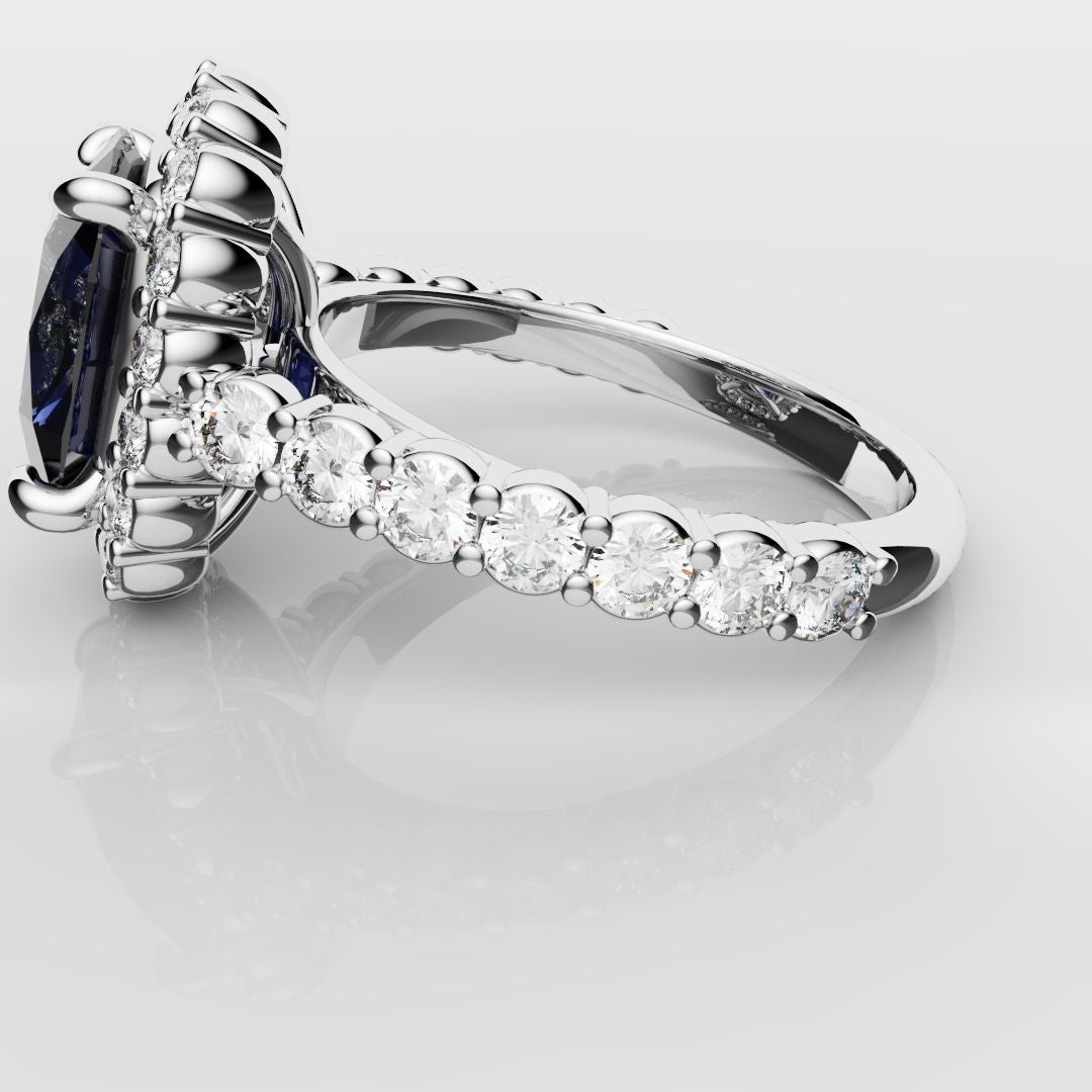 Cushion Cut Blue Sapphire Diamond Cluster Engagement Ring