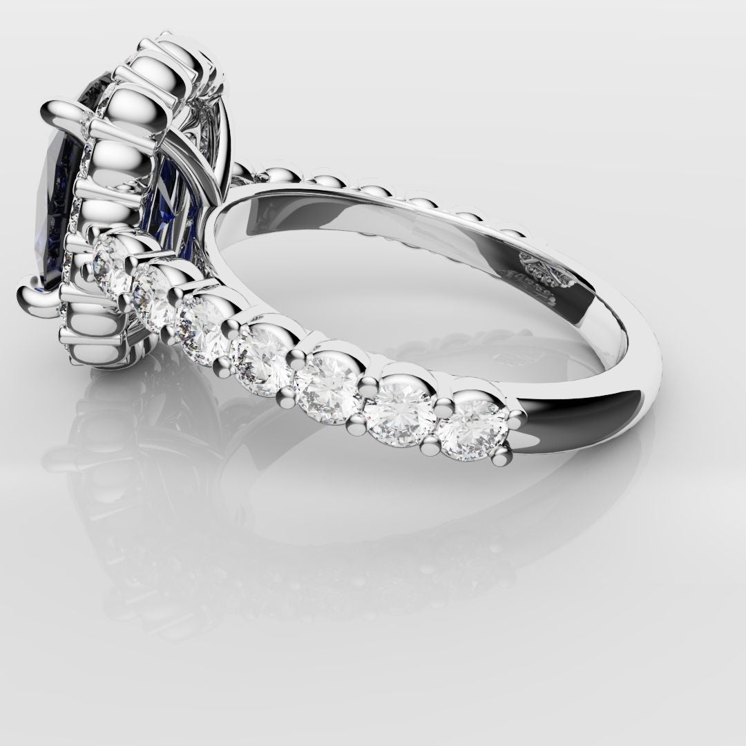Cushion Cut Blue Sapphire Diamond Cluster Engagement Ring