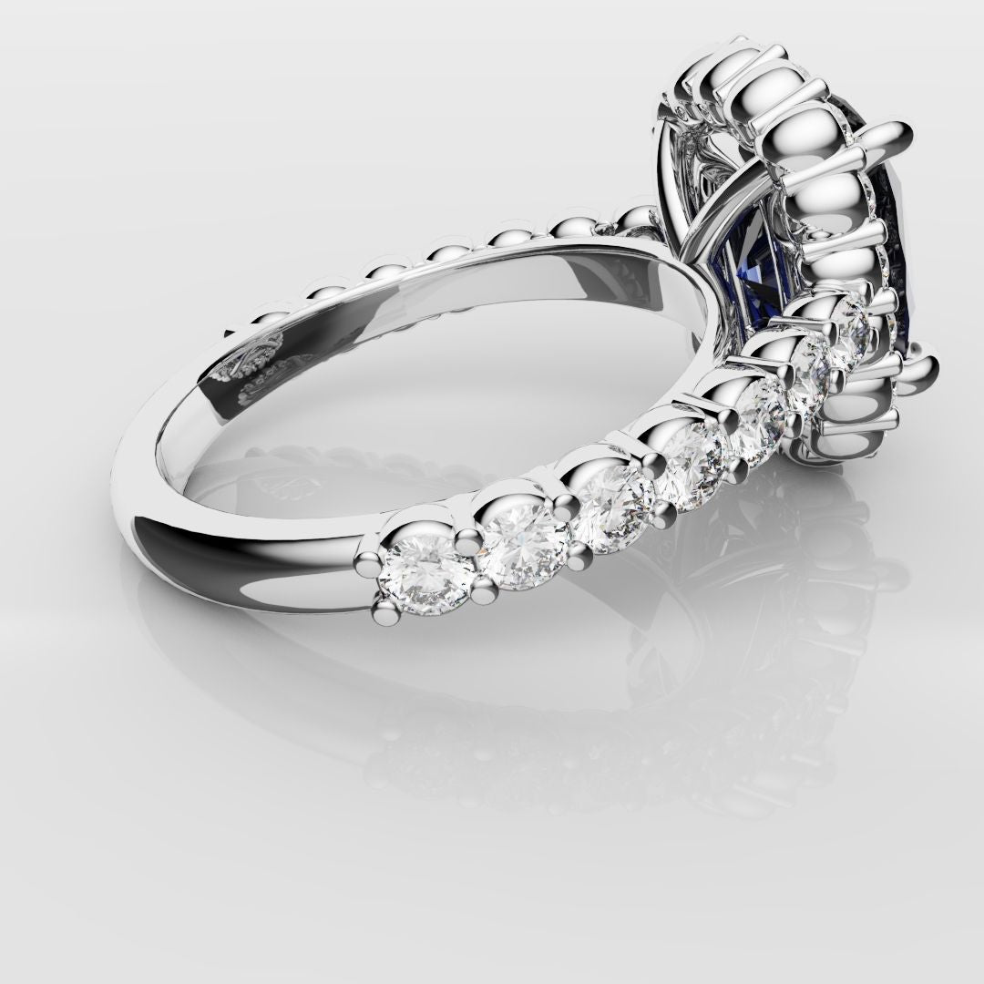 Cushion Cut Blue Sapphire Diamond Cluster Engagement Ring