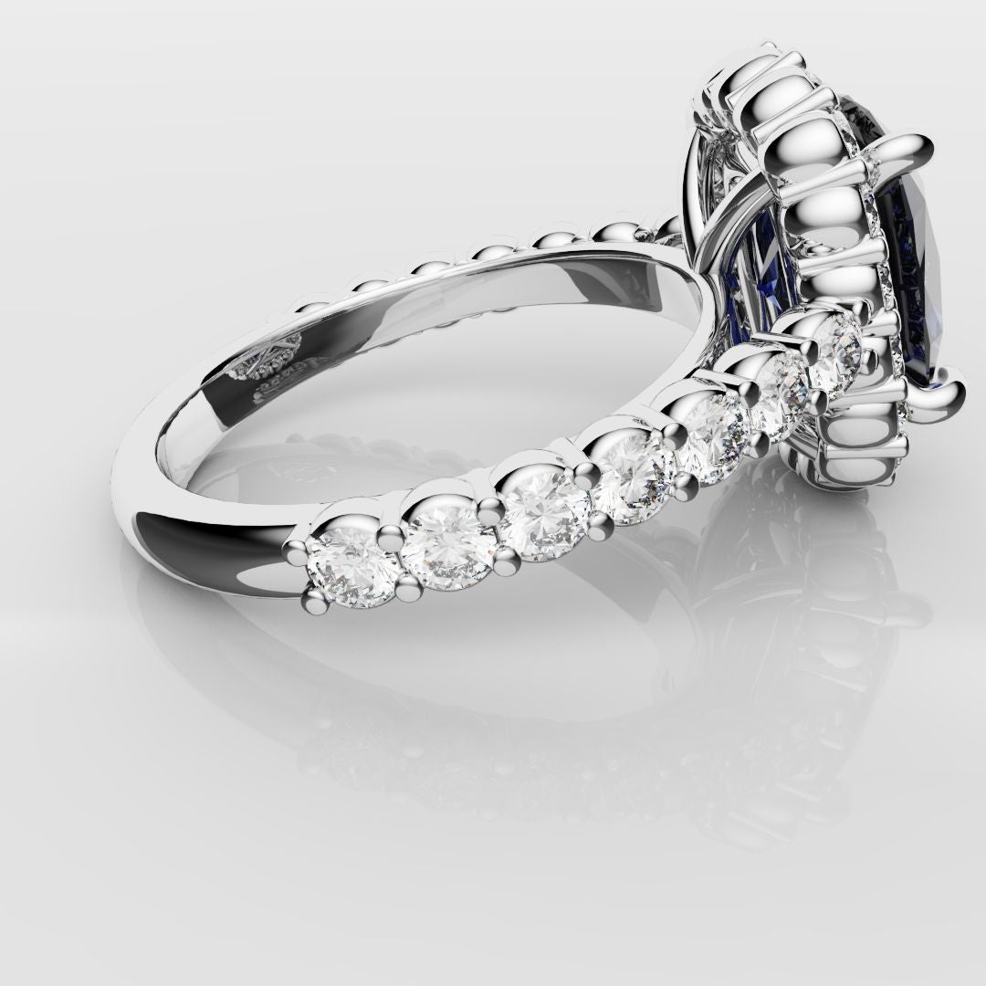 Cushion Cut Blue Sapphire Diamond Cluster Engagement Ring
