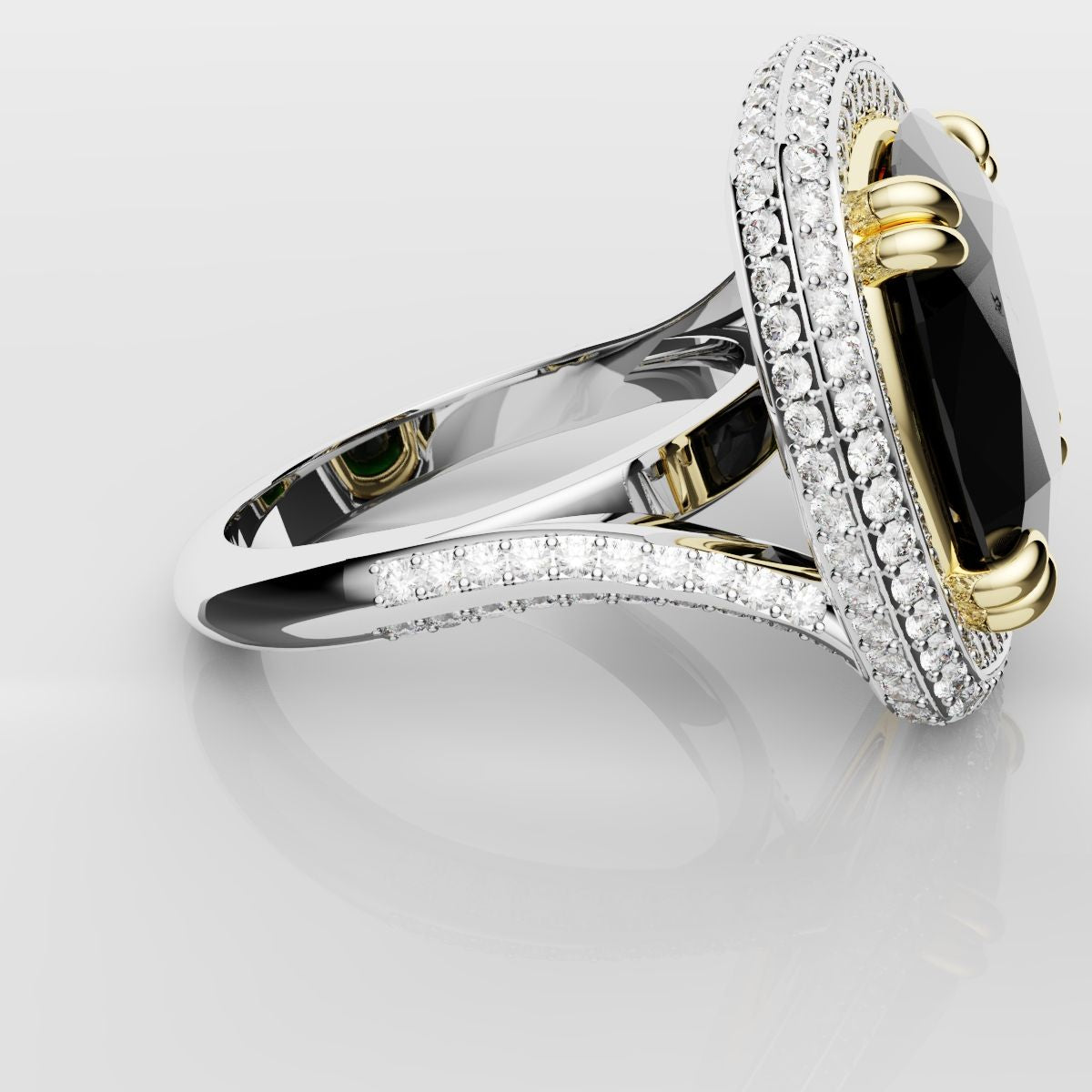 Cushion Cut Green Emerald Three Row Pavé Engagement Ring
