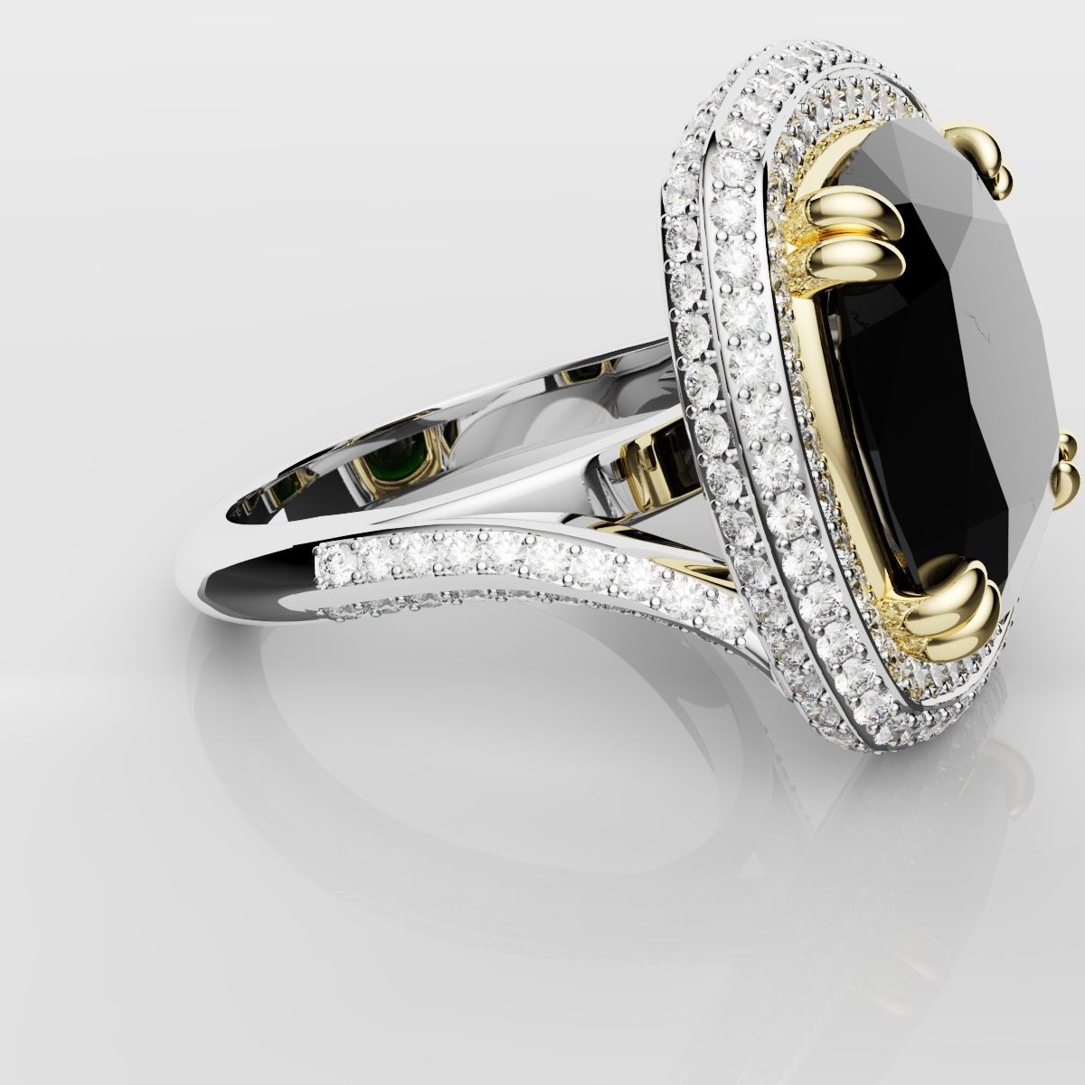 Cushion Cut Green Emerald Three Row Pavé Engagement Ring