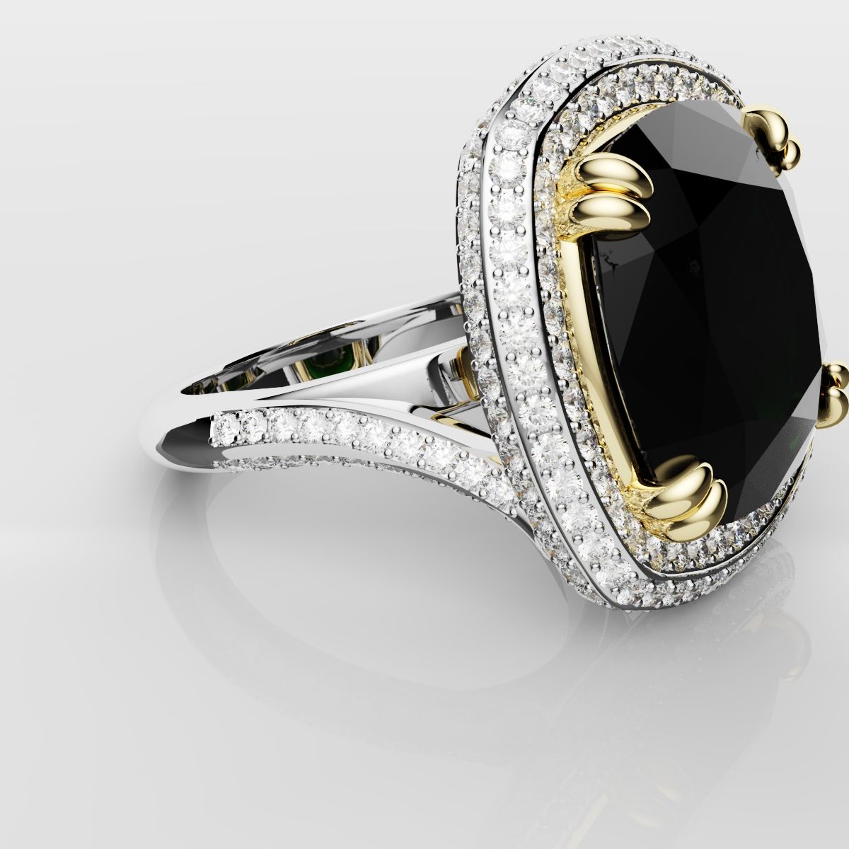 Cushion Cut Green Emerald Three Row Pavé Engagement Ring