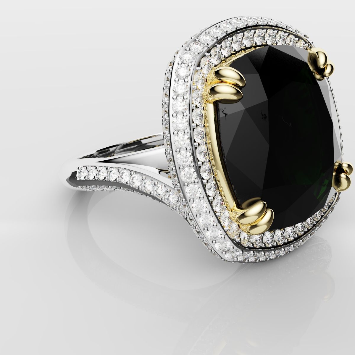Cushion Cut Green Emerald Three Row Pavé Engagement Ring