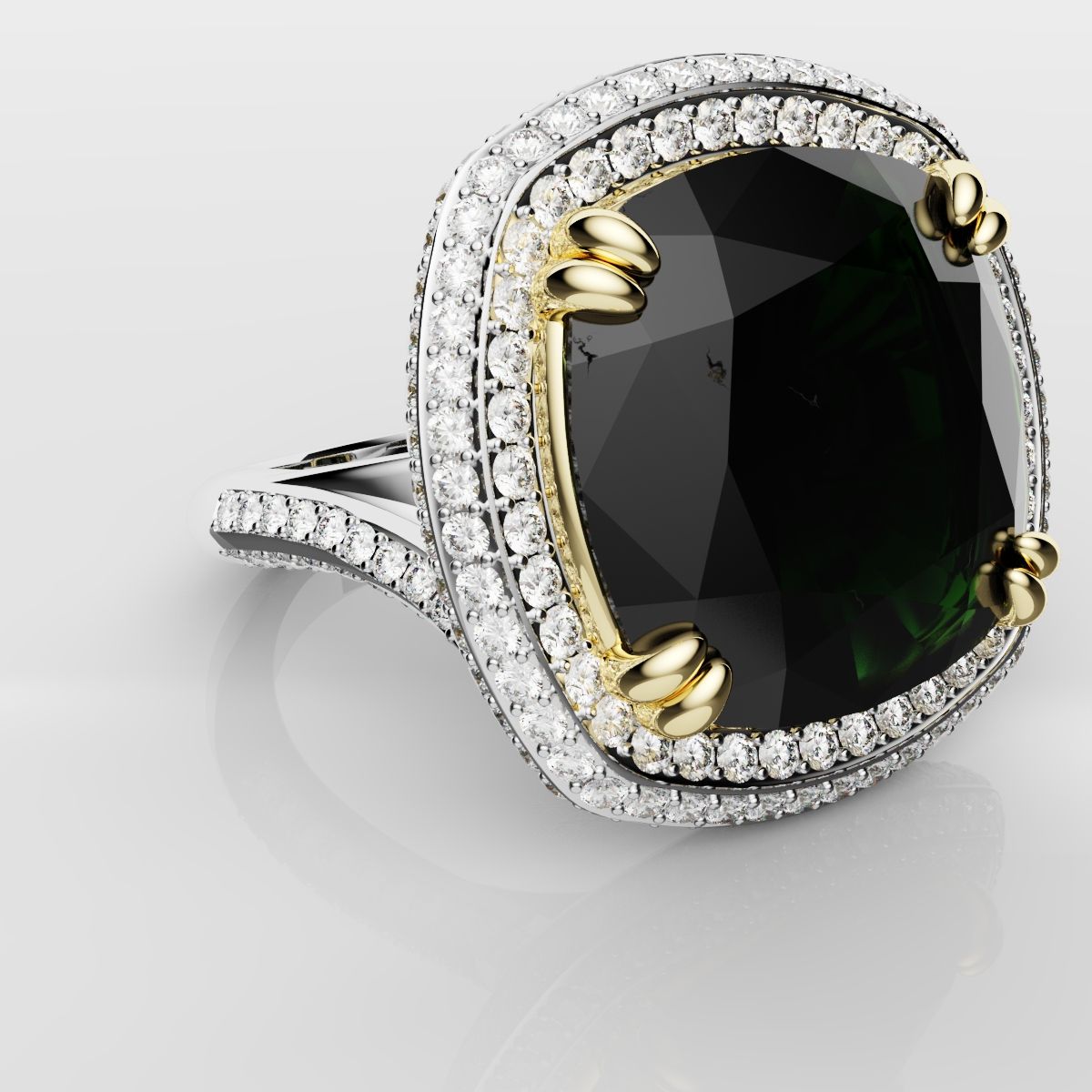 Cushion Cut Green Emerald Three Row Pavé Engagement Ring