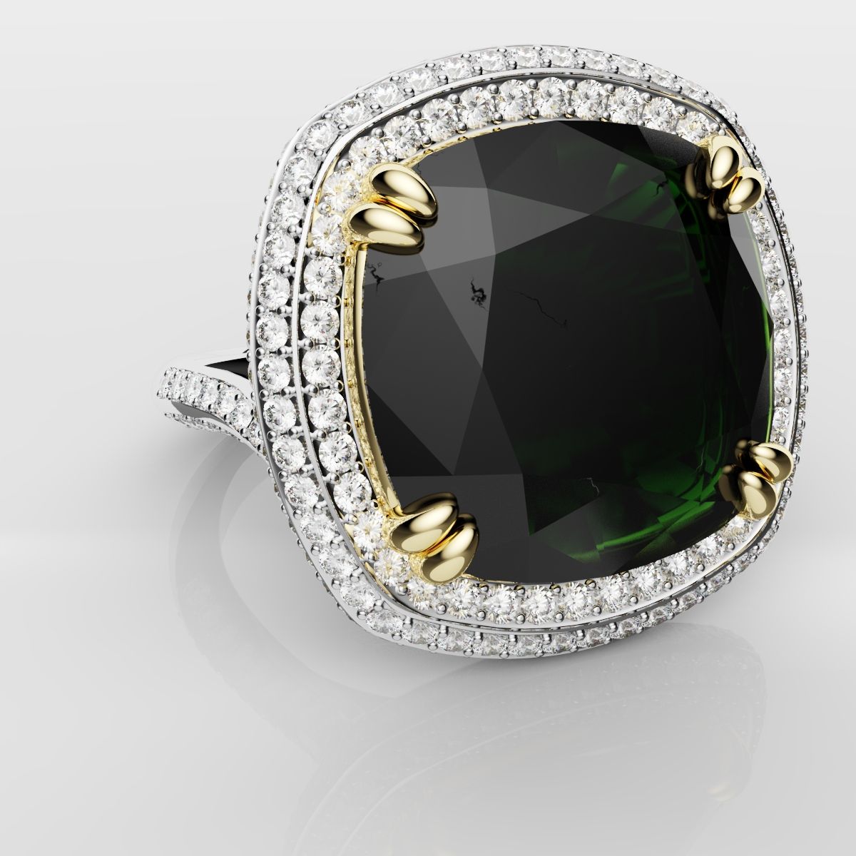 Cushion Cut Green Emerald Three Row Pavé Engagement Ring