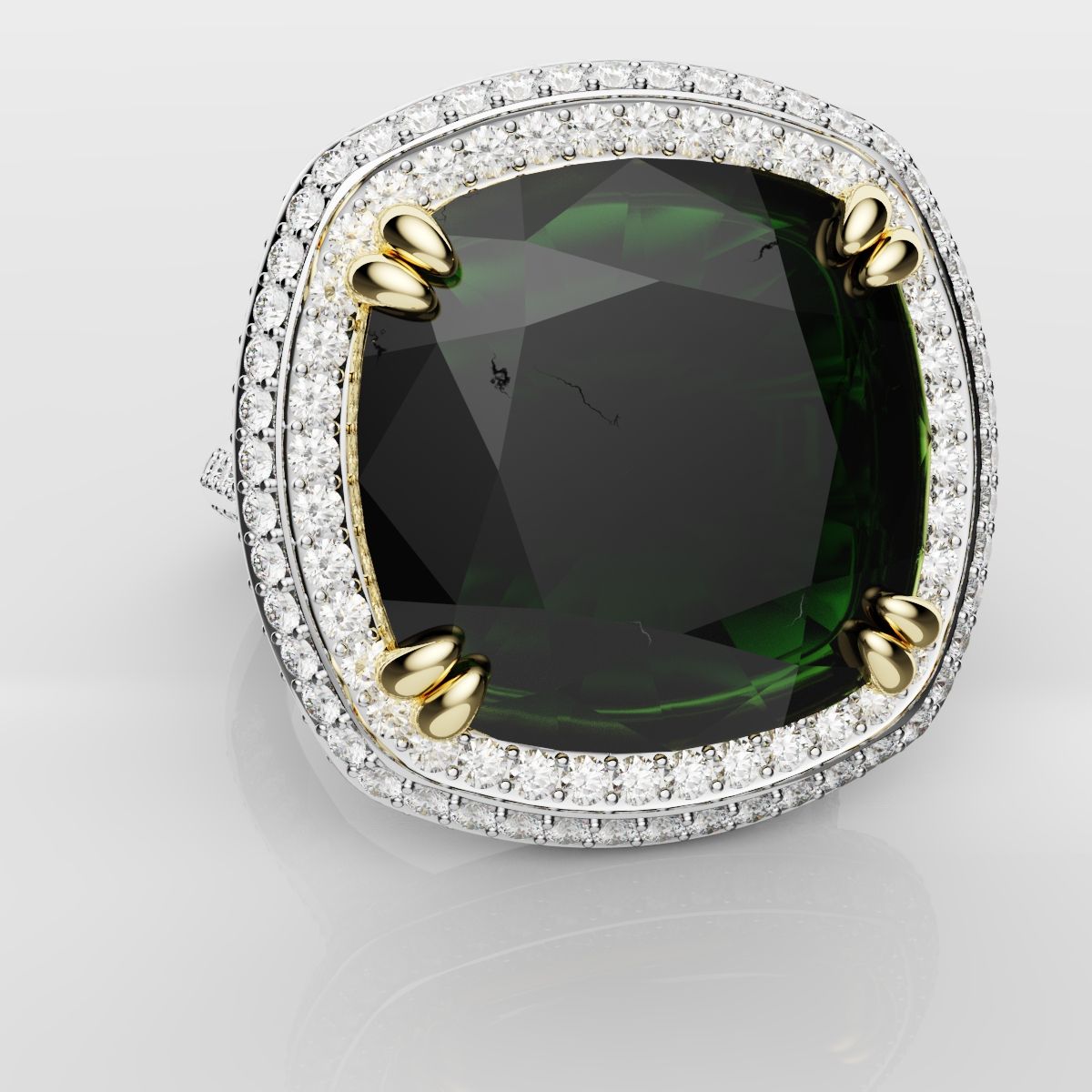 Cushion Cut Green Emerald Three Row Pavé Engagement Ring