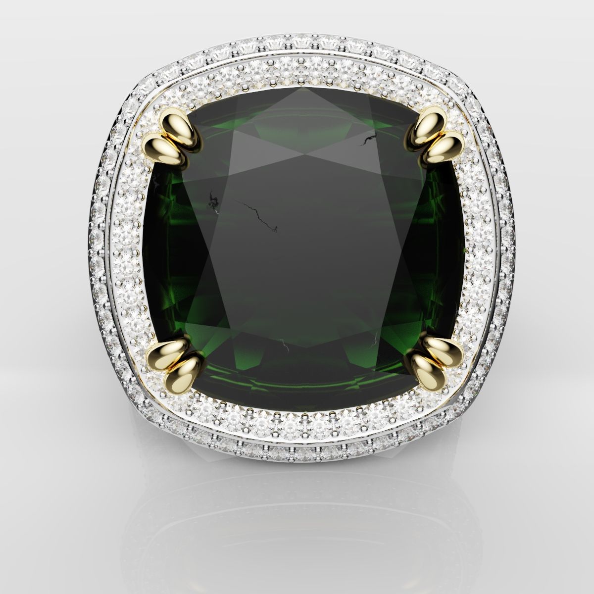 Cushion Cut Green Emerald Three Row Pavé Engagement Ring